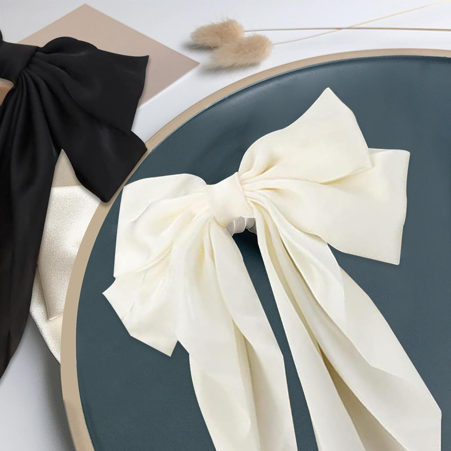 Aikeis Silky Satin Hair Bows Large Hair Bows for Women Oversized Hair Bows Long Tail Hair Bow (Black/White) image number 2
