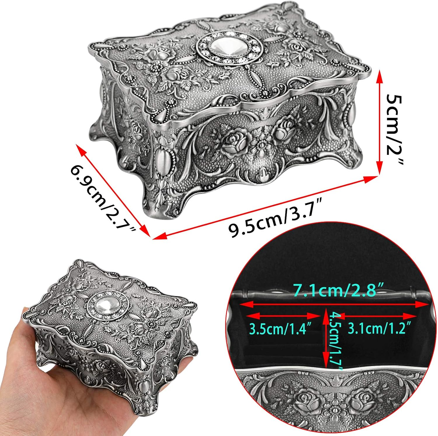 Hipiwe Vintage Jewelry Box, Metallic Grey Floral Rectangular Treasure Chest Box, 3.7" X 2.7" X 2", Keepsake Gift Box Case for Women Girls image number 7