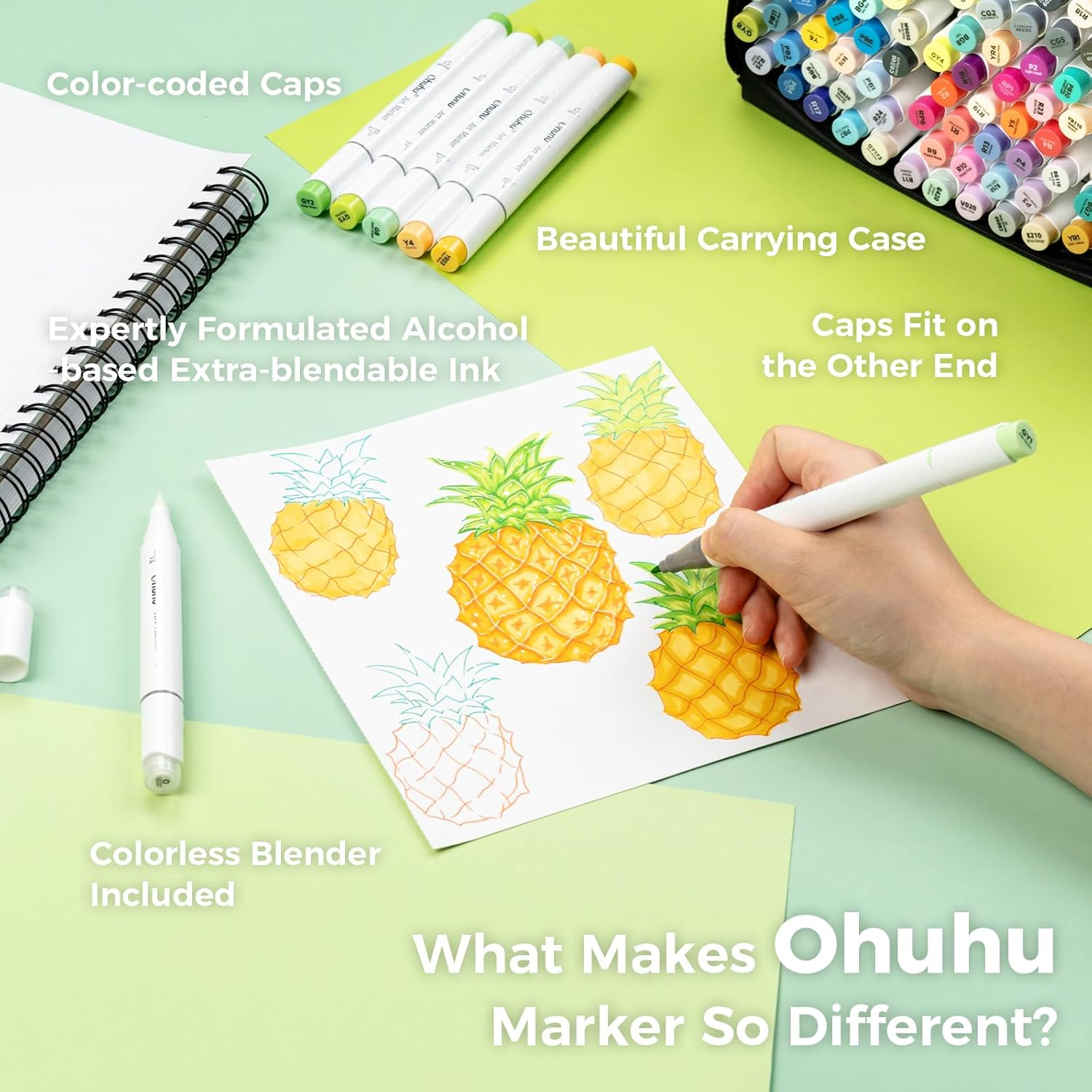 Ohuhu Alcohol Markers Brush Tip: 168-Color Double Tipped Art Marker Set for Artist Adults Coloring Illustrations -Honolulu B -Brush & Fine -Refillable image number 3