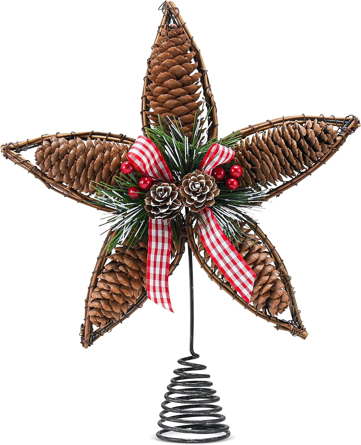 Ornativity Rattan Star Tree Topper - Christmas Rustic Acorn Pine Cone Tree Topper with Holly and Berry Decor Holiday Xmas Trees Top Decorations 11.5" image number 5