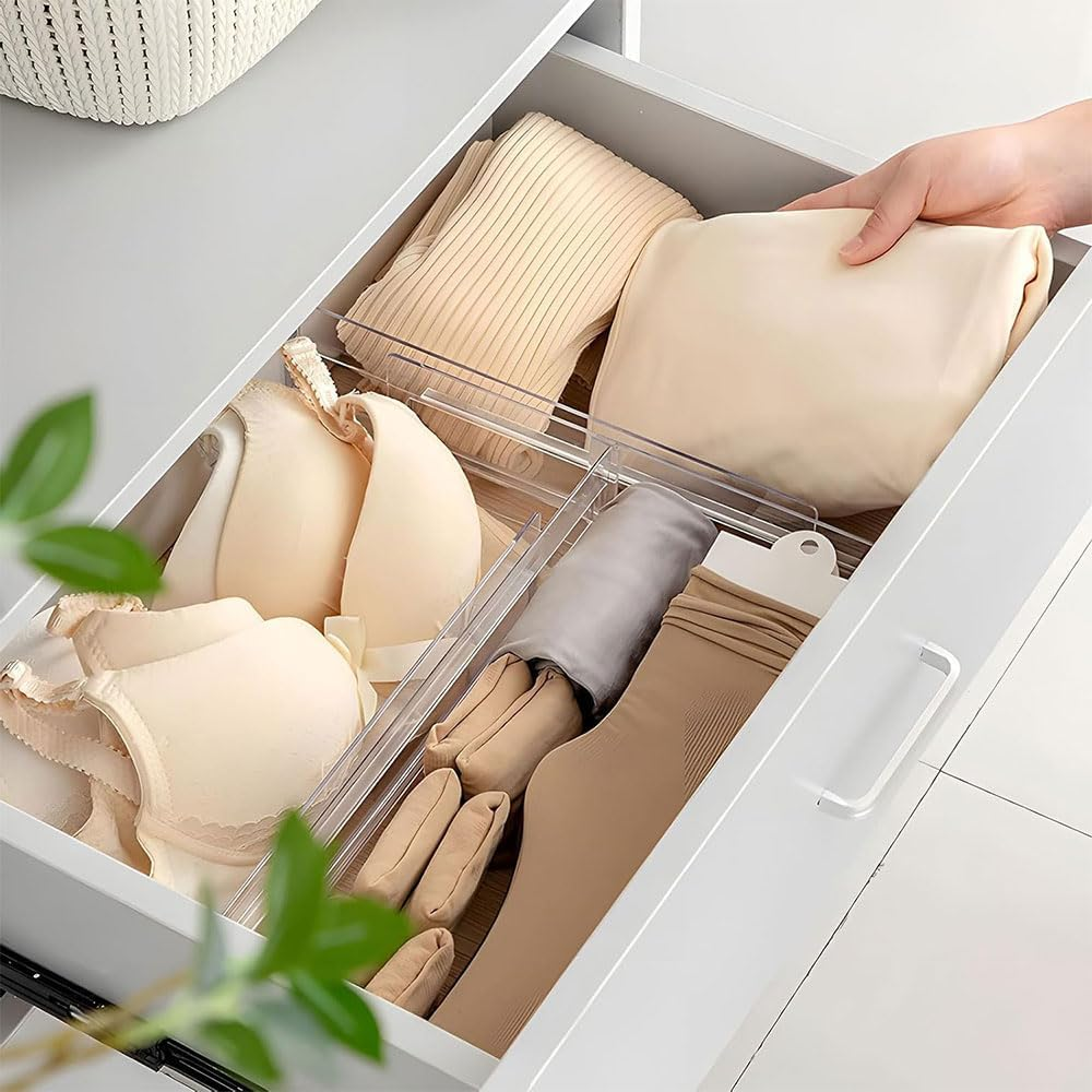 6 Pack Adjustable Clear Plastic Drawer Dividers, Expandable Drawer Organizers with Double-Sided Tape for Kitchen Utensils, Clothing, Wardrobe, Office Storage image number 1