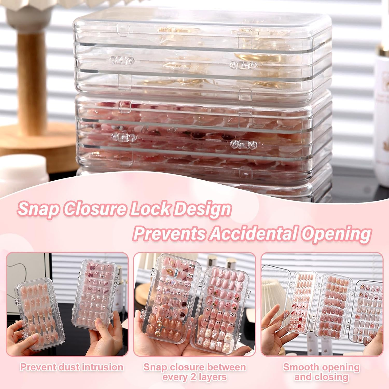 Tri-Fold Press on Nail Organizer Case, Clear Nail Storage Organizer & Nail Box, 4-Page Portable Nail Case for Press on Nails, Nail Display Book with Adhesive Strips for Travel image number 5