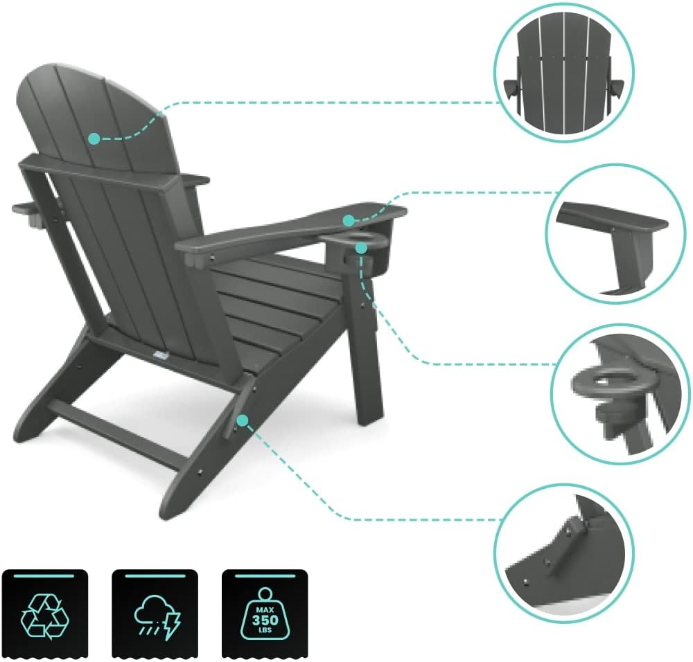 Sleek Space Adirondack Folding Chair for Garden, Patio or Deck - Arm Rests and Cup Holder - Lightweight, Weatherproof - Stylish, Durable Outdoor Furniture for Fire Pit, Beach, Poolside, Porch (Grey)