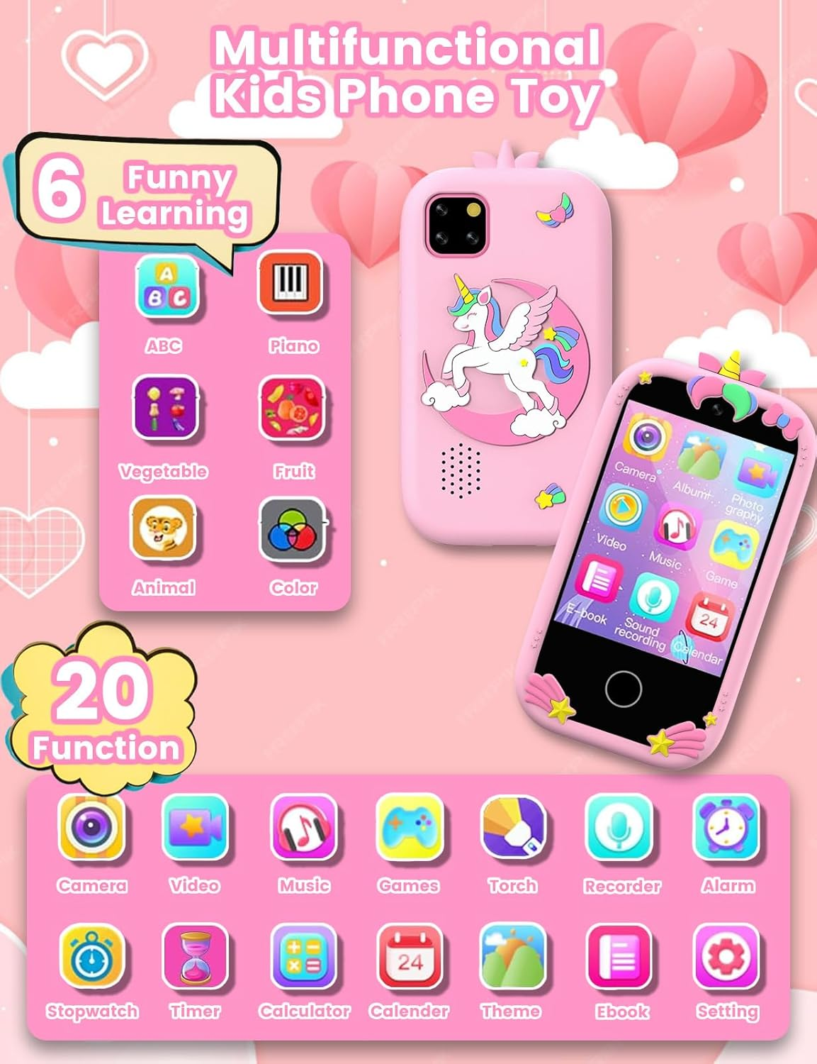 ZONEY Kids Smart Phone Toys, Christmas Birthday Gifts for Girls Age 4-10, Kids Educational Phone, 2.8" Touchscreen Toddler Learning Play Toy Phone with Dual Camera, Game, Music Player, 32GB Card, Pink