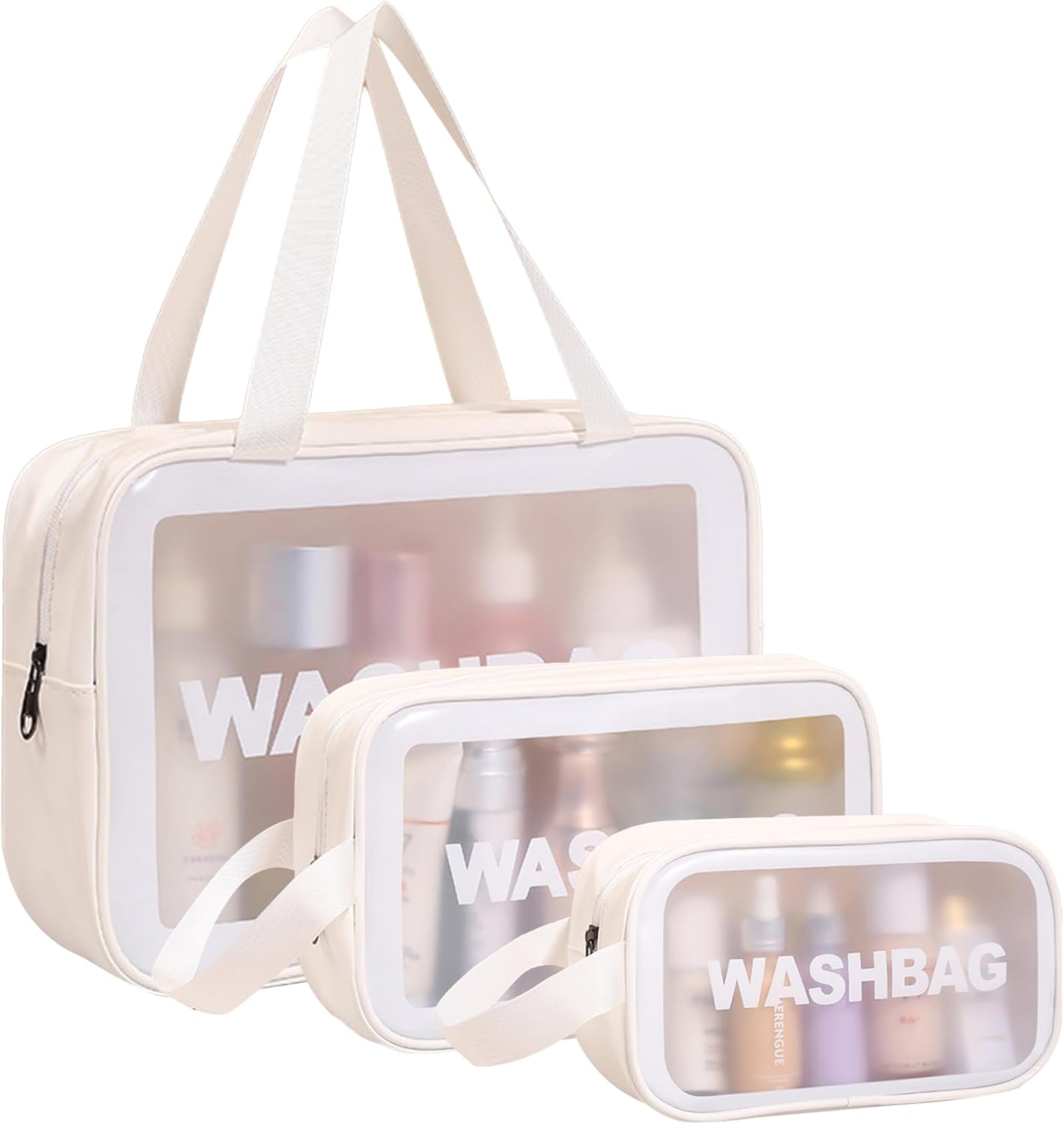 Travel Clear Makeup Bag, Portable Waterproof Cosmetic Organizer Case with Handle for Women, Essential Carry-On Travel Accessories for Toiletries and Brushes (3 Pcs-White)