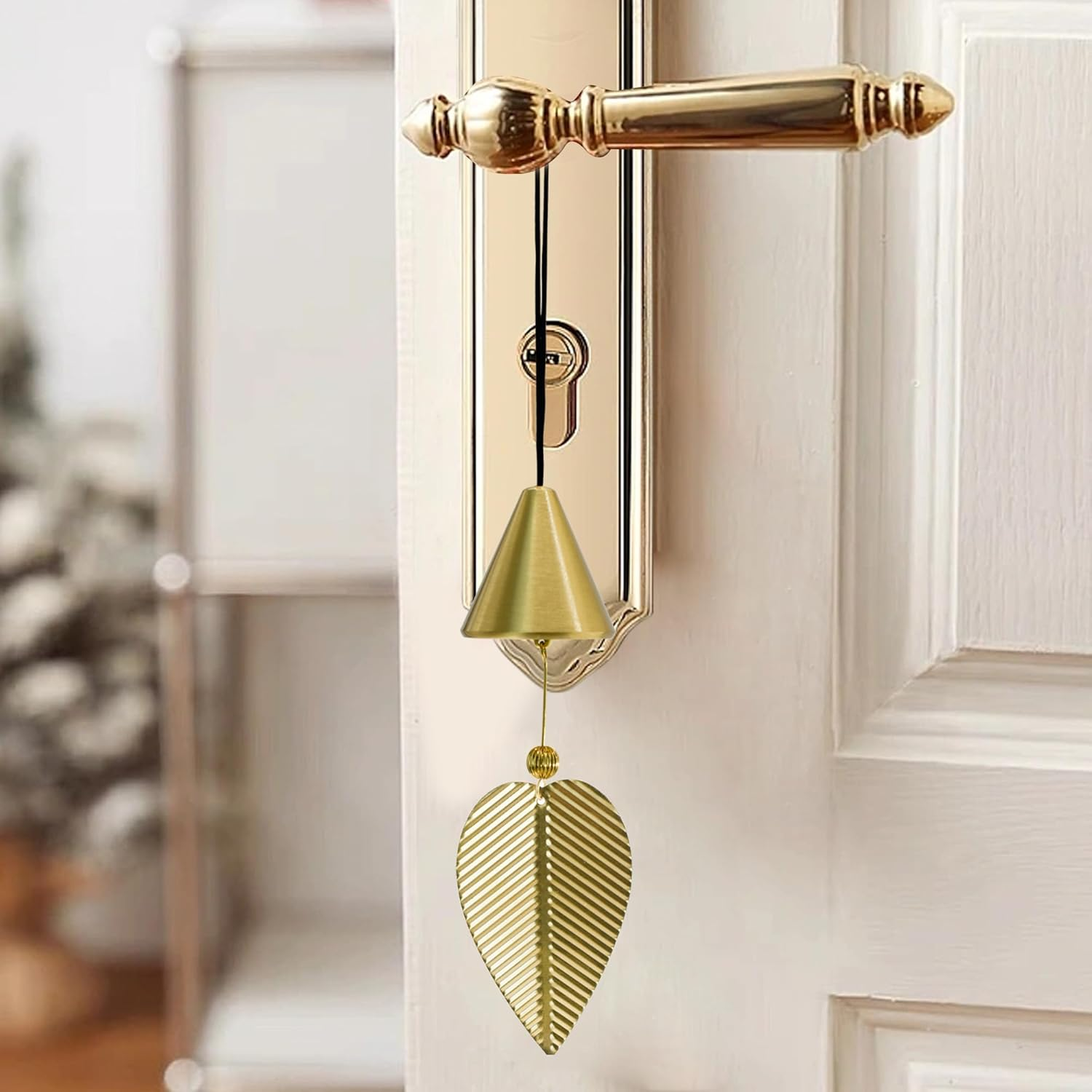Mrmrkura Gold Leaf Hanging Bell Decorative Bell for Good Luck, Hanging Wind Chime Ornament Window Home Decor Chinese Feng Shui Bell (Cone Shape) image number 4
