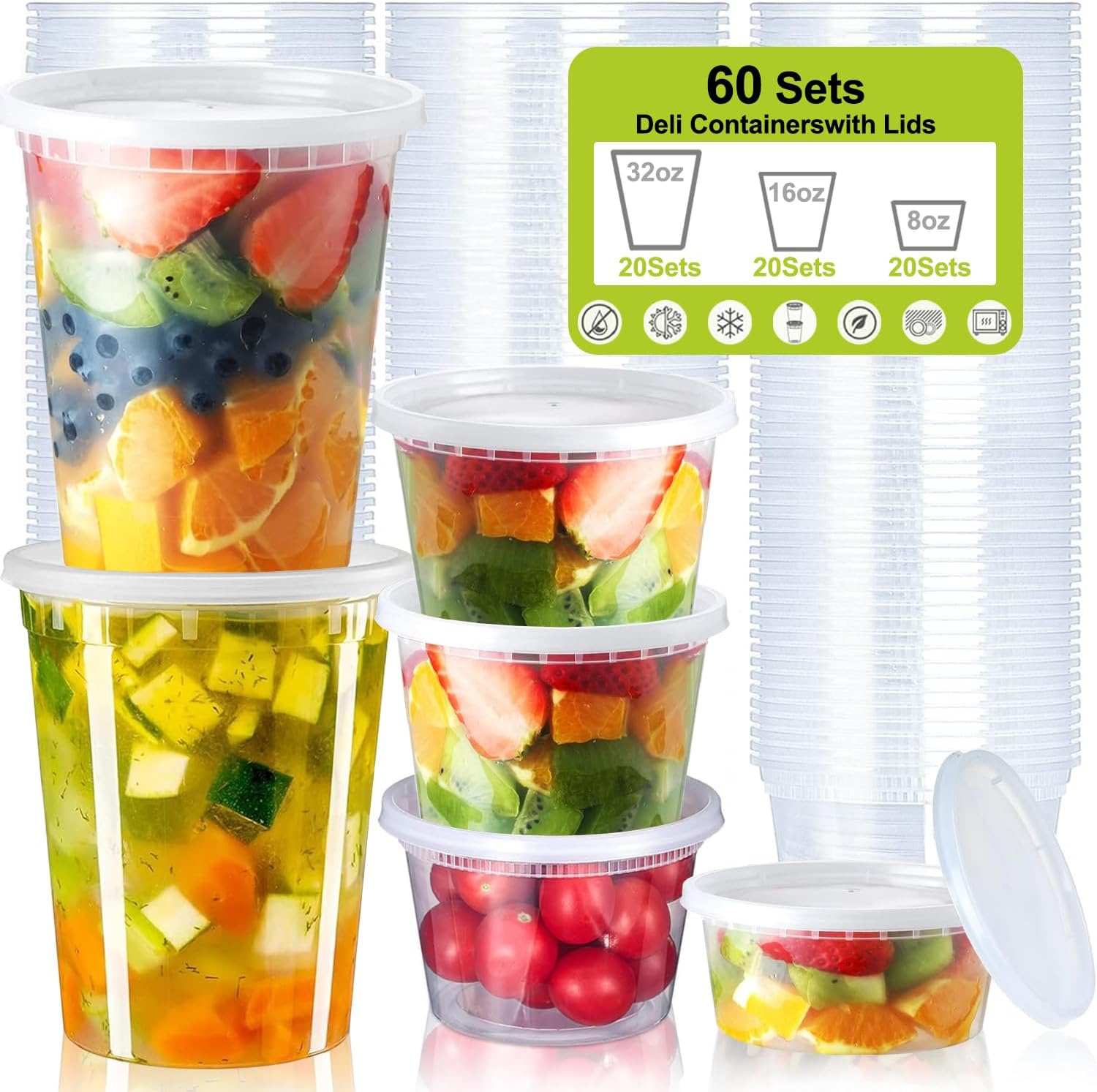 TFMODBFA 60 Sets Deli Containers with Lids [8/16/32Oz, Each 20Sets] Plastic Food Storage Containers with Airtight Lids, Leakproof, BPA Free and Stackable, Microwave/Freezer/Dishwasher Safe image number 6