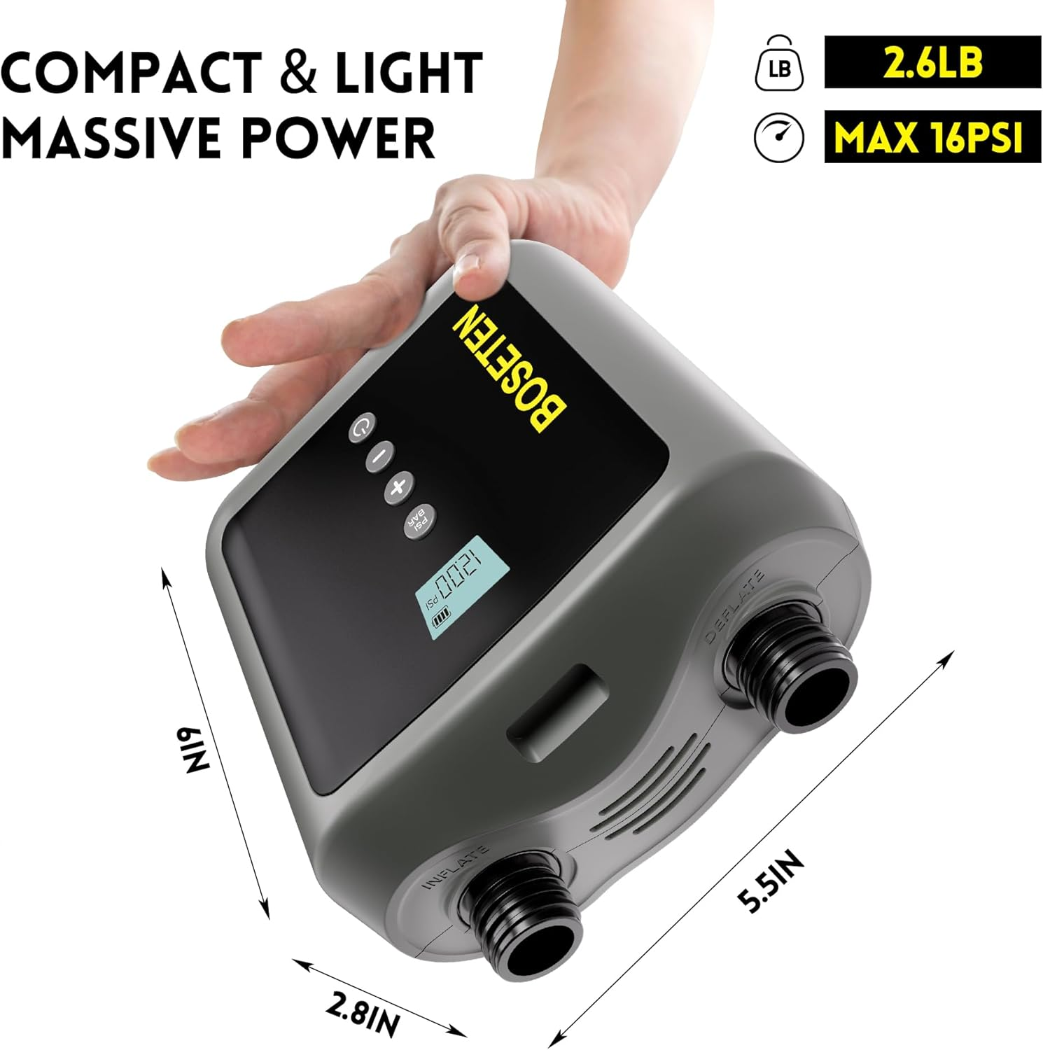 BOSETEN Paddle Board Pump, SUP Electric Air Pump, Deflation Function,Auto-Off,12V DC Car Connectorfor Inflatable Stand up Paddle Board, Kayaks, Boats, Inflators, Paddleboards image number 6