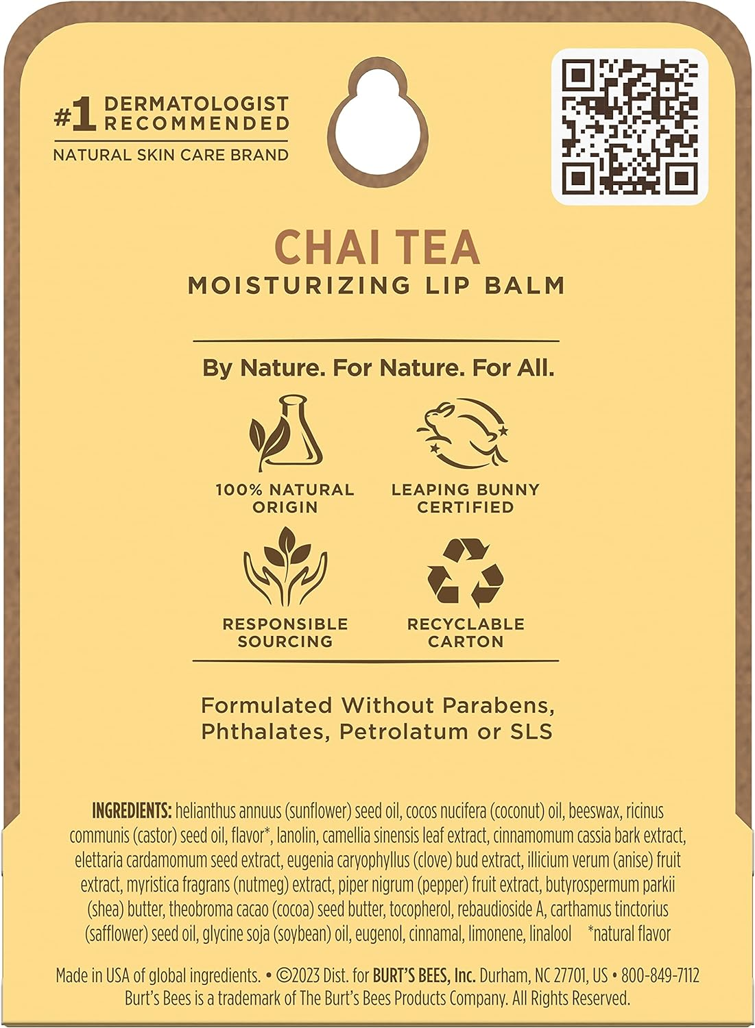 Burt'S Bees 100% Natural Origin Moisturising Lip Balm, Chai Tea with Beeswax, 1 Tube, 4.25G image number 2
