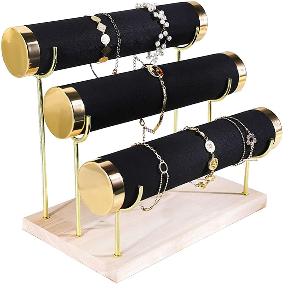 Jewelry Towers with Three Tier Racks, Detachable Black Velvet Gilt-Edging Bracelet Display Stand - Green image number 3