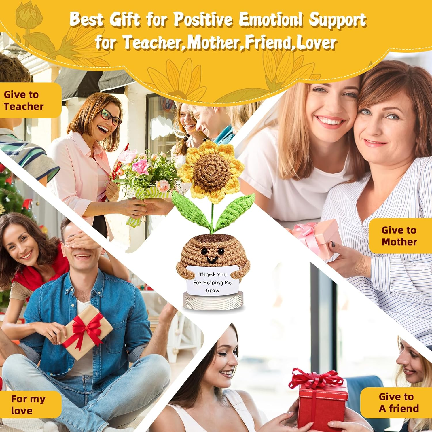 Handmade Crochet Sunflower Gift - Positive Emotional Support Sunflower Decor for Desk, Birthday for Women, Teacher Appreciation, Mothers Day, Graduation (T02) - Yellow G image number 6