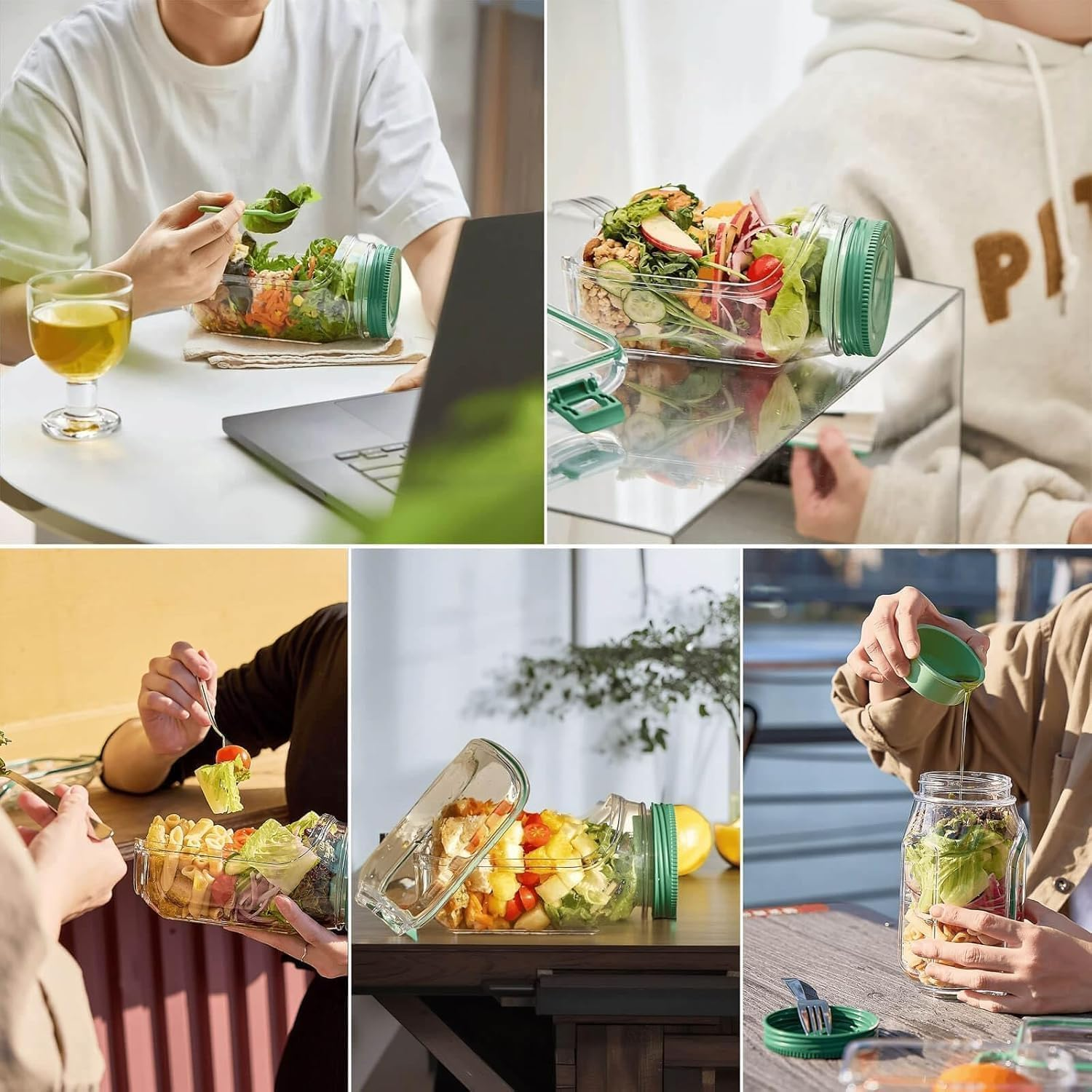 Salad Jar with Side Opening,Igugig Salad Pod Mason Jar Container with Leakproof Dressing Cup Dishwasher Safe Canisters for Meal Prep Home Outdoor Travel image number 2