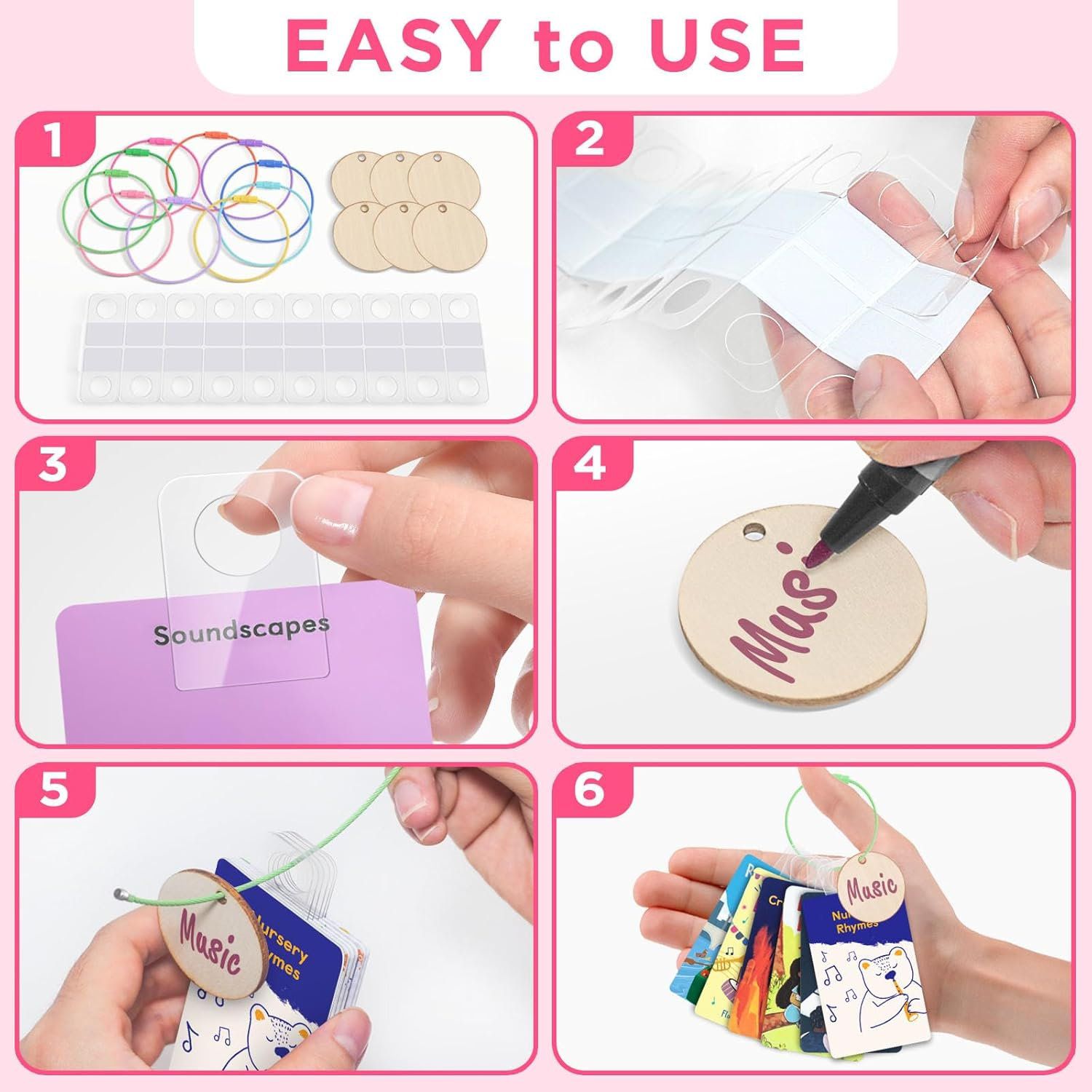 Collecthall Card Holder for Yoto Cards, 200 PCS Adhesive Tabs with 10 Removable Rings, 6 Blank Wood Labels, Portable Card Holder Organizer Storage Case for Travel