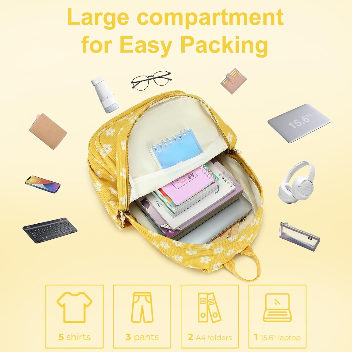 Bluboon Backpack for Girls Kids Preschool Backpack with Lunch Box Kindergarten Bookbag Toddler School Bags Set, Yellow Floral 95, School image number 6