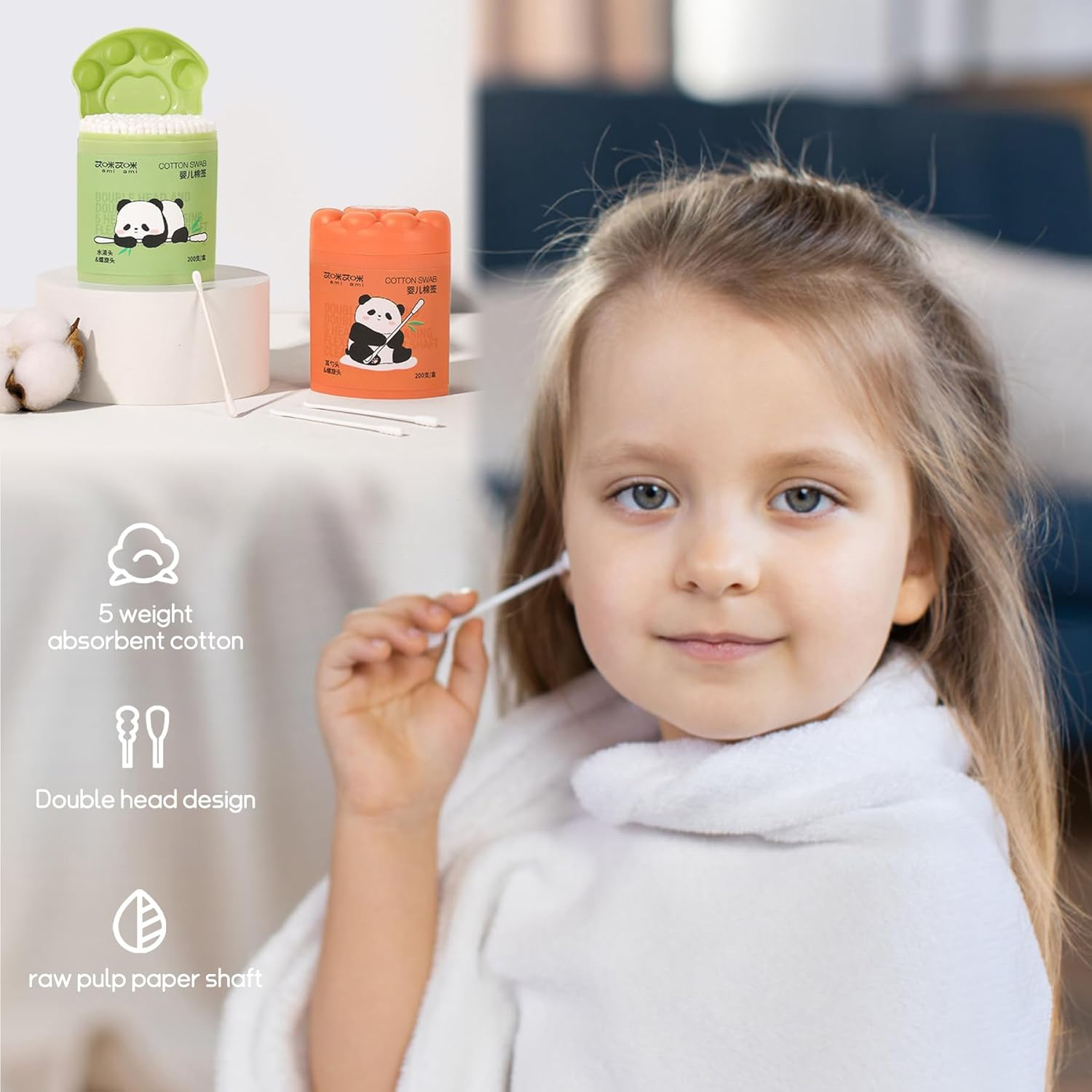 Baby Cotton Swabs in Cat Paw Case &ndash; 200Pcs Dual-Ended Ear Swabs with Water Drop & Spiral Tips, Safe & Gentle for Infant Ear and Nose Cleaning, Green image number 3