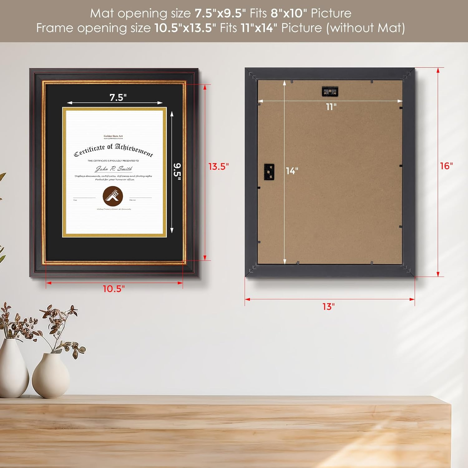 Golden State Art, 11X14 Black Gold & Burgundy Color Document Frame for 8X10 Diploma/Certificate/Picture, Includes Double Mat and Real Glass (Black over Gold Double Mat, 1-Pack)