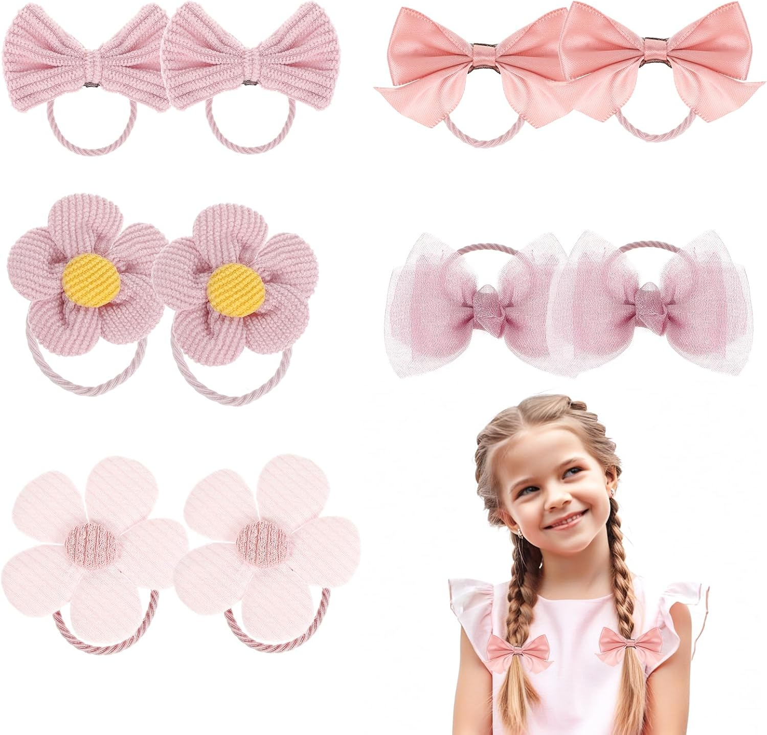 Pack of 10 Cute Hair Bobbles with Bow, Pink Elastic Hair Bands, Cute Flower Hair Scrunchies for Baby Girls, Toddlers, Accessories image number 2