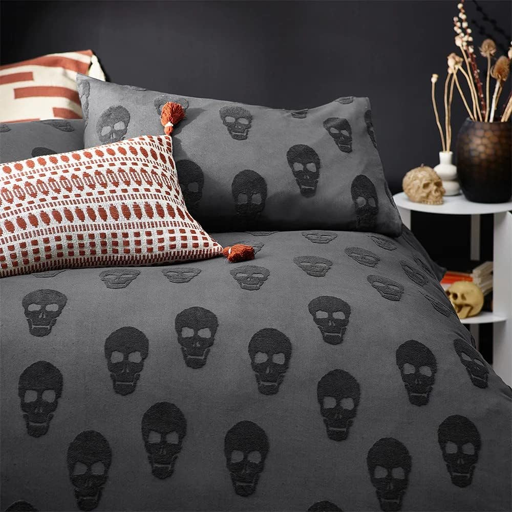 Yard the Linen Skulls Super King Duvet Cover Set, Cotton, Charcoal