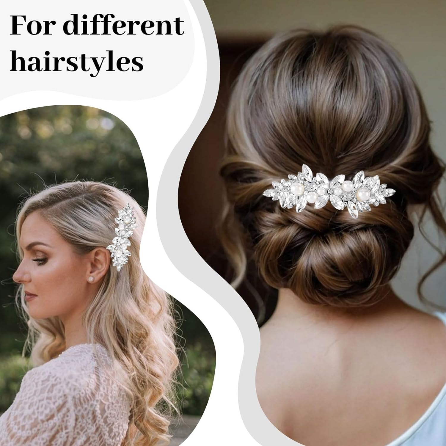 Lunarcharm Crystal Hairclips with Pearl, Silver Bridal Hair Accessories for Women, Sparkling Crystal Hair Pins, Unique Floral Hairclips for Wedding, Bride, Long Hair image number 3