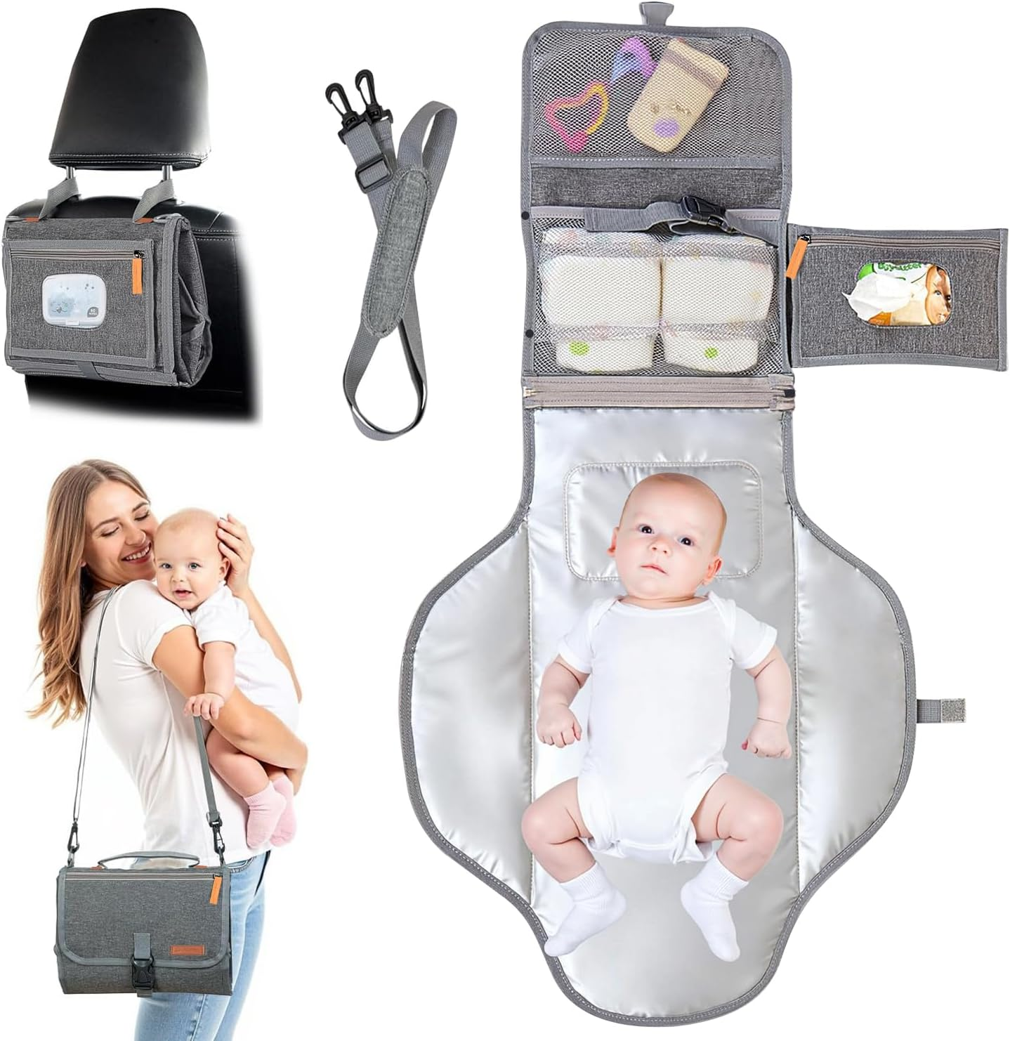 UBRAVOO Portable Diaper Changing Pad - Baby Diaper Changer Travel Bag with Wipes Pocket, Smart Design Portable Changing Mat, Infant Travel Station Kit, Gift for Newborn Girl & Boy (Grey) image number 5