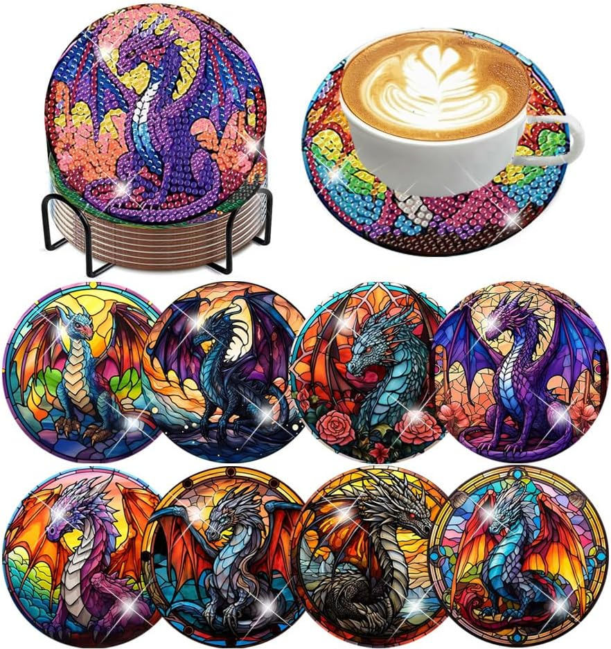 Ijbnhd 8 PCS Dragon DIY Diamond Painting Coasters Set with Holder, 5D Crafts Supplies (Cork Wooden Pad, Multicolored Red Green Gold)