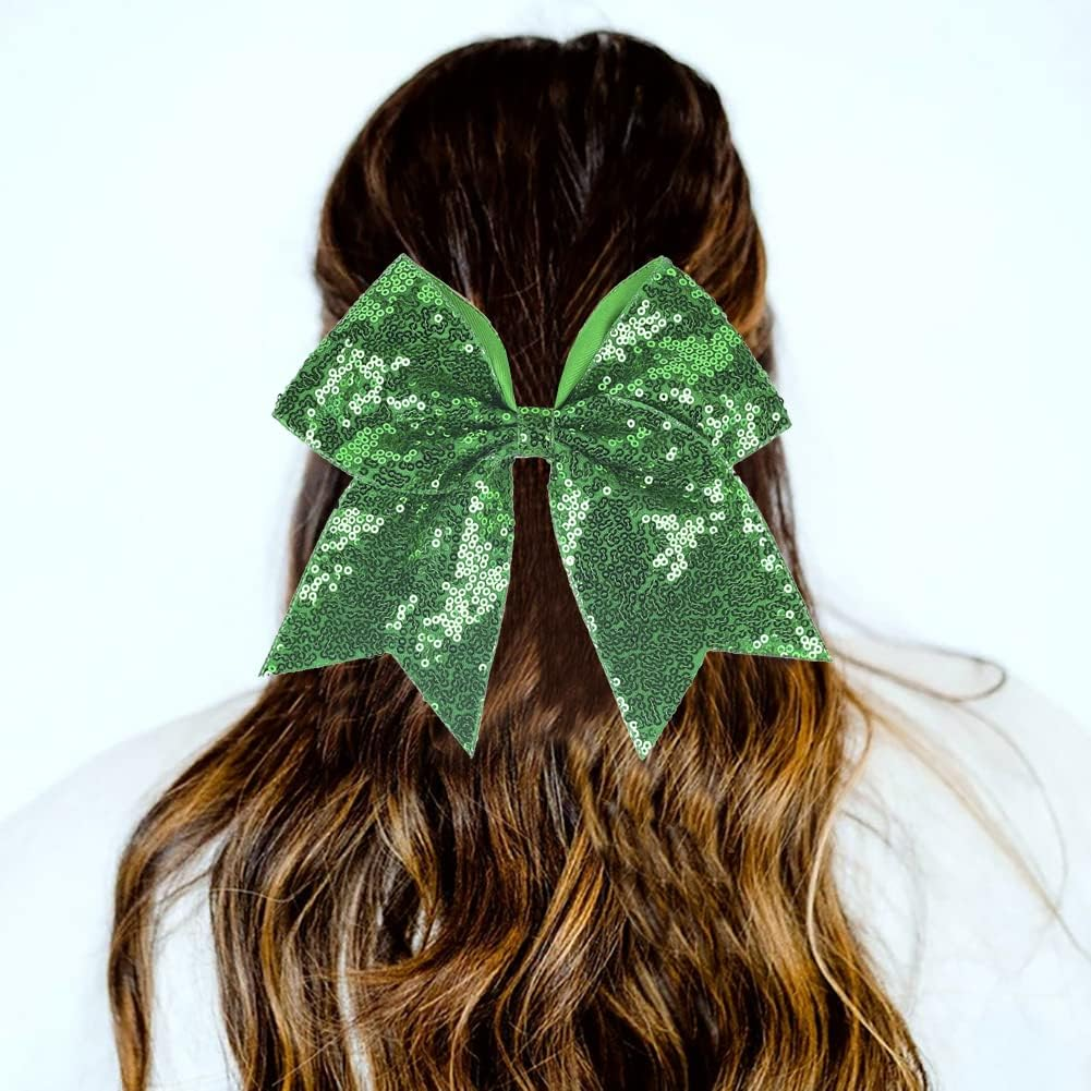JIHUOO Pack of 2 Large Sequin Hair Bows Bow Hair Bows Ponytail Holder Cheerleading Hair Accessories for Girls Women Green - Purple image number 5