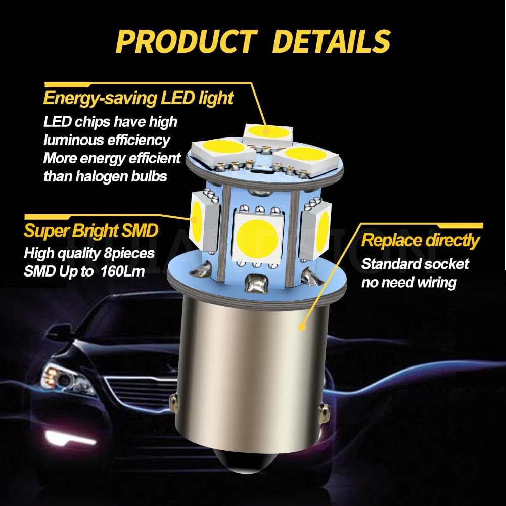 Ruiandsion 2Pcs 12V 1156 7506 BA15S LED Bulb Super Bright 5050 8SMD Chipset LED Replacement Bulb for Reverse Light Turn Signal Light Tail Light,Non-Polarity(White) image number 5