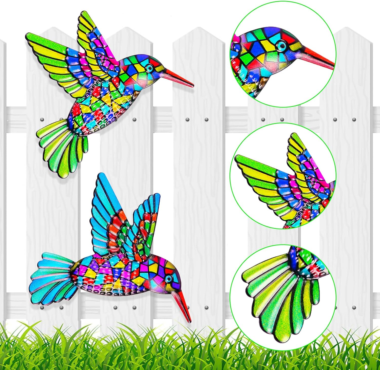 OFFCUP Metal Hummingbird Wall Decor, 2 Pack Metal Hummingbird Wall Art Decor, Wrought Iron Colorful Hummingbird Wall Sculptures, Outdoor Garden Fence Ornaments Hanging for Backyard Porch Patio image number 5