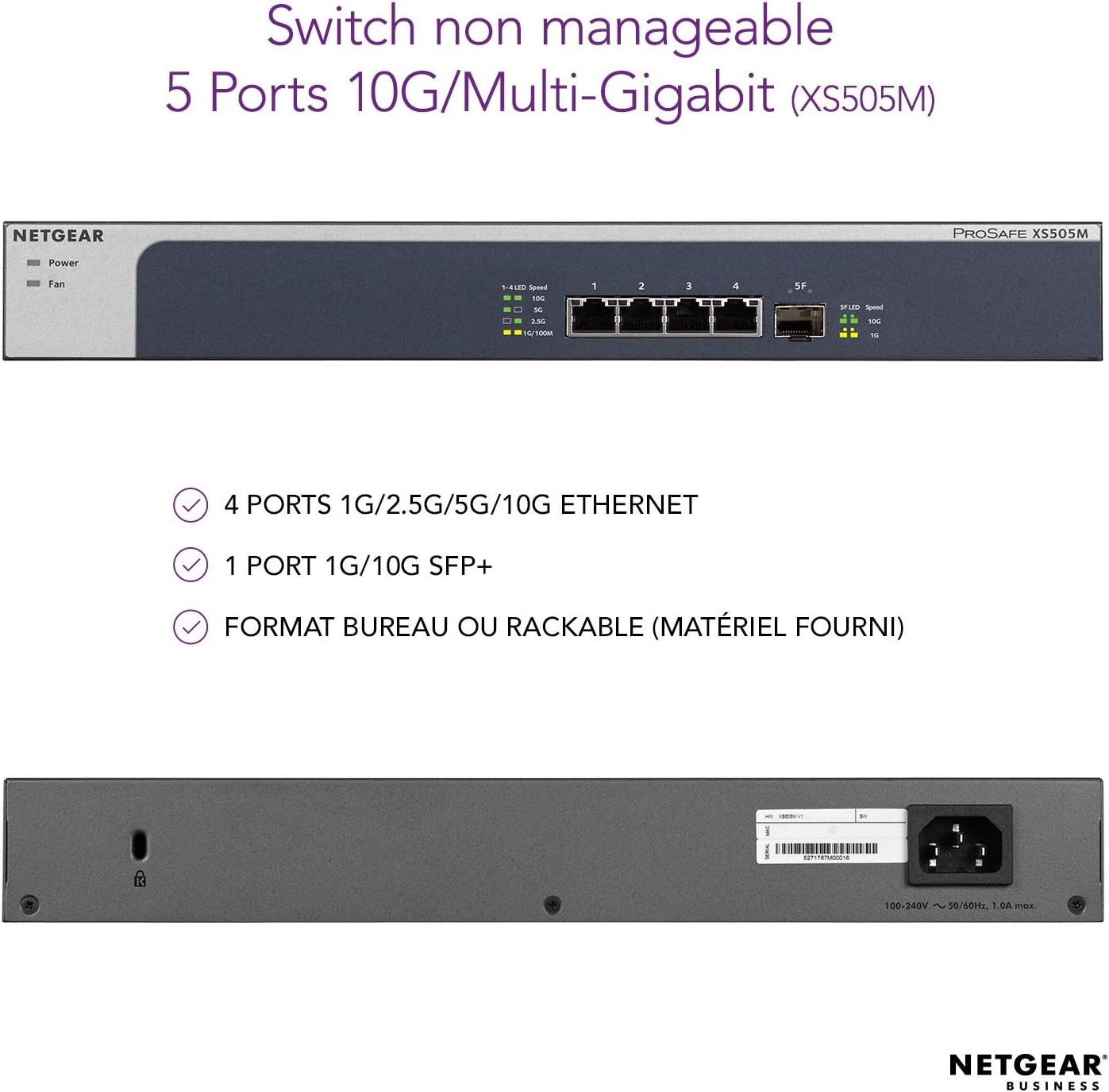Netgear XS505M 5-Port 10Gbe Multi-Gigabit Ethernet LAN Switch (With 1X 10G-SFP+, Desktop or 19 Inch Rack Mounting), Black, Grey image number 5