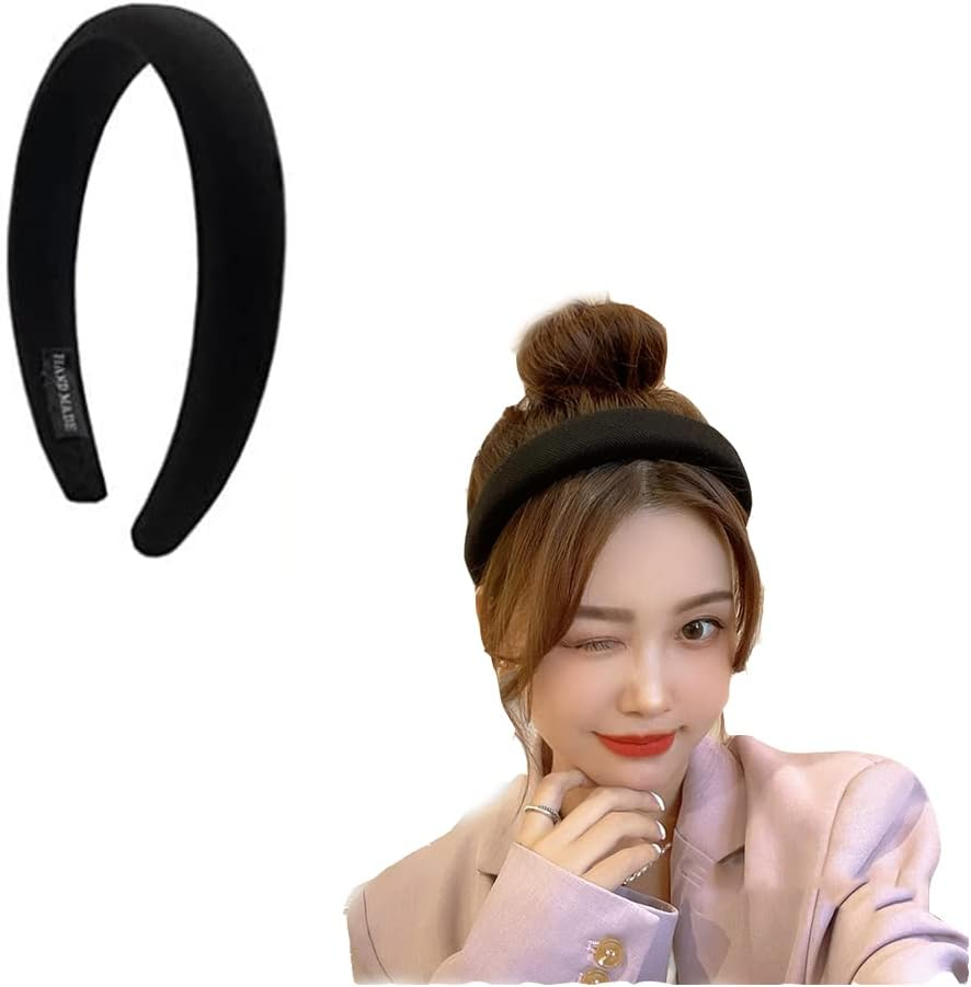 Black Padded Headband Satin Headbands for Women Non Slip Sponge Puffy Headband Soft Hairband Hair Accessories for Girls Thick Wide Head Bands for Women'S Hair Hoop image number 1