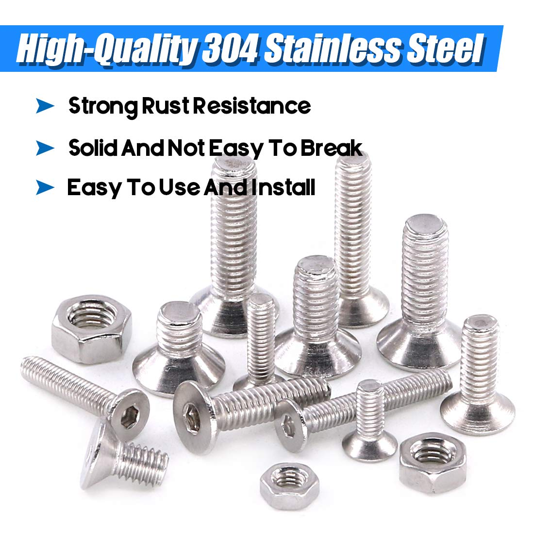 Glarks 510Pcs Metric M3 M4 M5 Stainless Steel Flat Head Cap Bolts Screws Nuts Assortment Kit image number 1