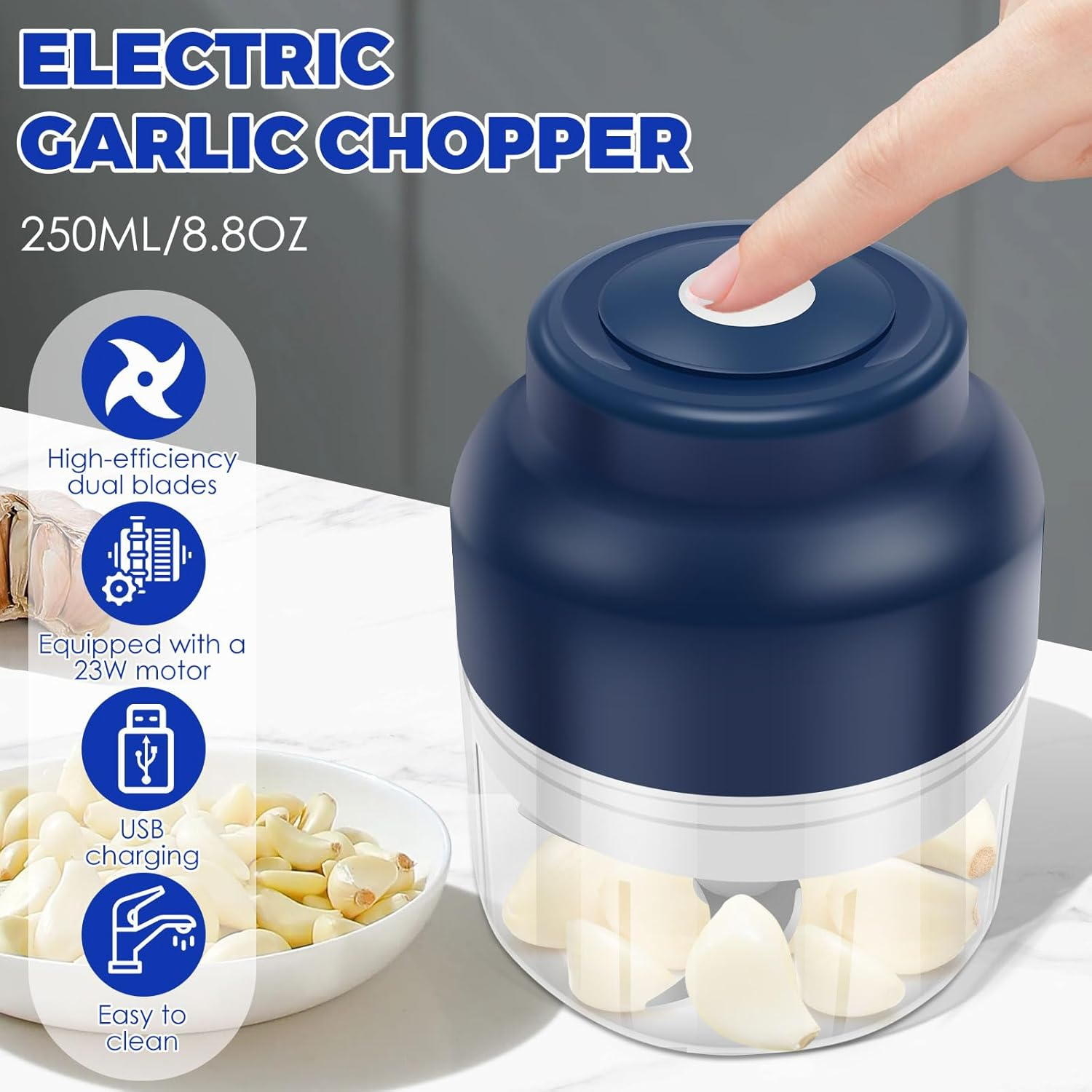 Rdjeokf Electric Garlic Chopper, USB Rechargeable Portable Food Processor, 250/300ML Garlic Grinder, Vegetable Chopper, Electric Food Crusher for Small Vegetable Onion Tomato Pepper Herb (250ML) - 320Ml image number 2
