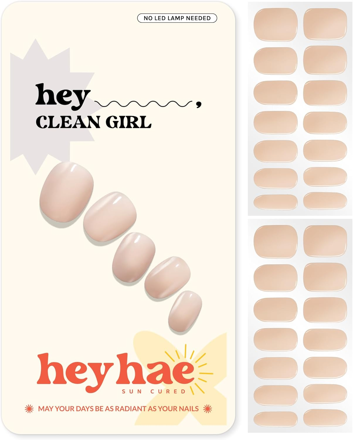 Heyhae Semi Cured Nail Gel Strips, Spring Nails, No Need Led Lamp, Easy Apply and Remove, Includes 28 Prep Pads, Wood Stick File - Hey, Clean Girl