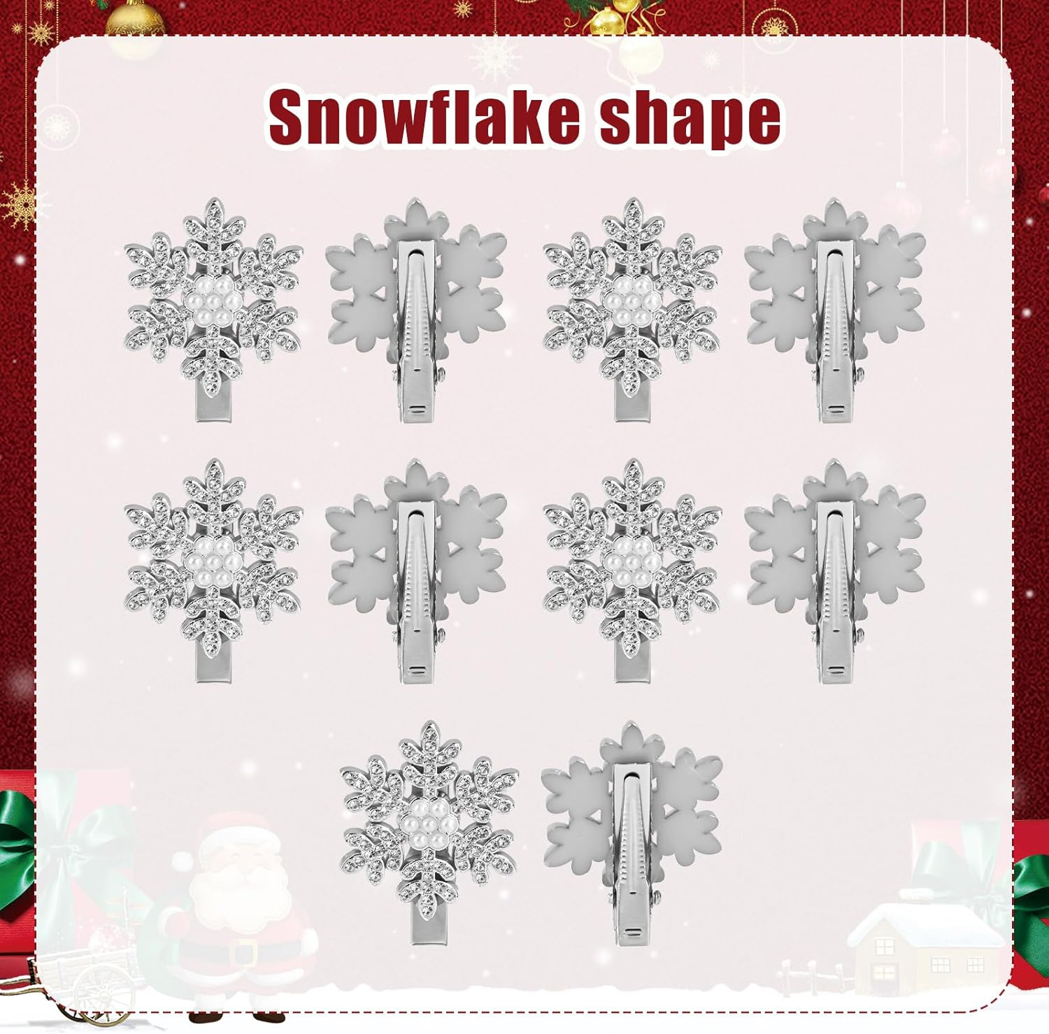 10Pcs Snowflake Hair Clip Accessories, Cute Pearl Rhinestones Christmas Hair Pins Festival Winter Snowflake Alligator Hair Barrettes Hairpin for Women Girls Xmas Holiday Hair Decorations Gifts image number 1