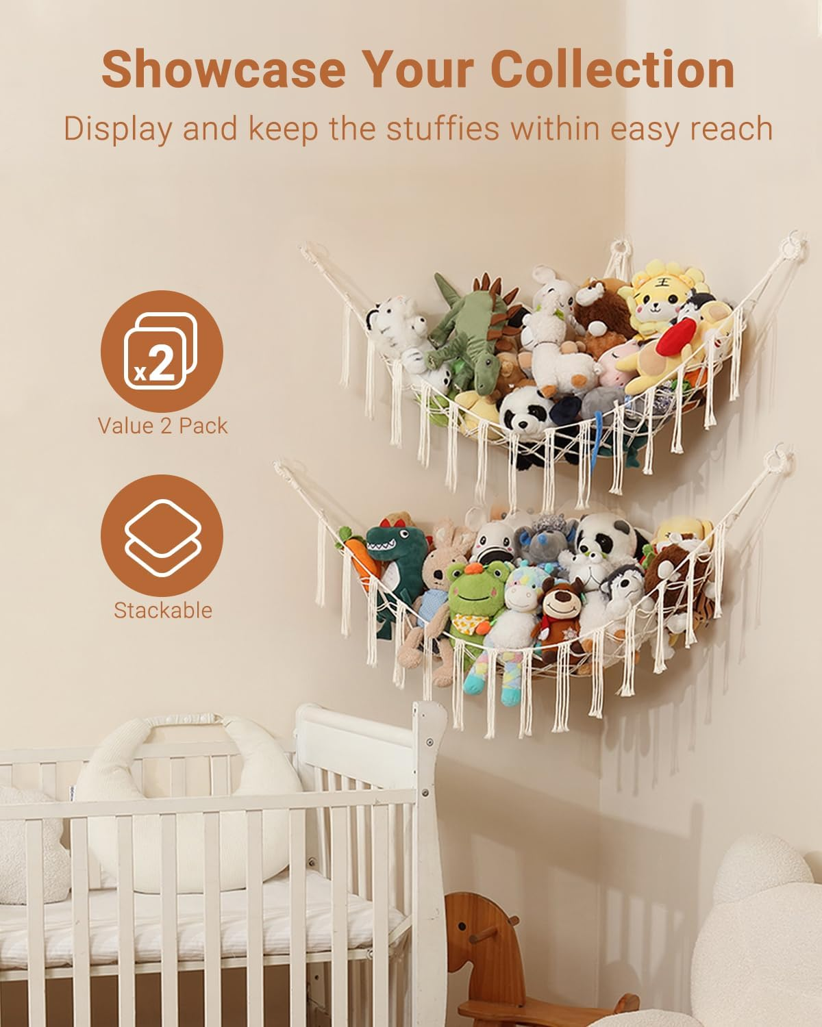 2 Pack Toy Hammock, Macrame Toy Storage Net for Stuffed Animals, Corner Nursery Hanging Organizer for Soft Toys and Teddy Bears image number 2