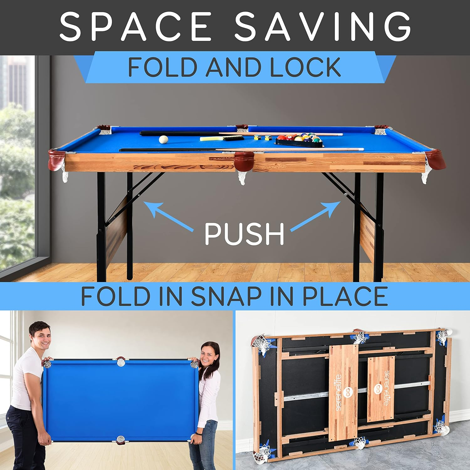 Serenelifehome 4.5Ft Folding Pool Table, 54In Portable Foldable Billiards Game Table for Kids and Adults with Accessories, Indoor and Outdoor Game with Sticks, Cue, Balls and Triangle, Blue (SLPTB56)