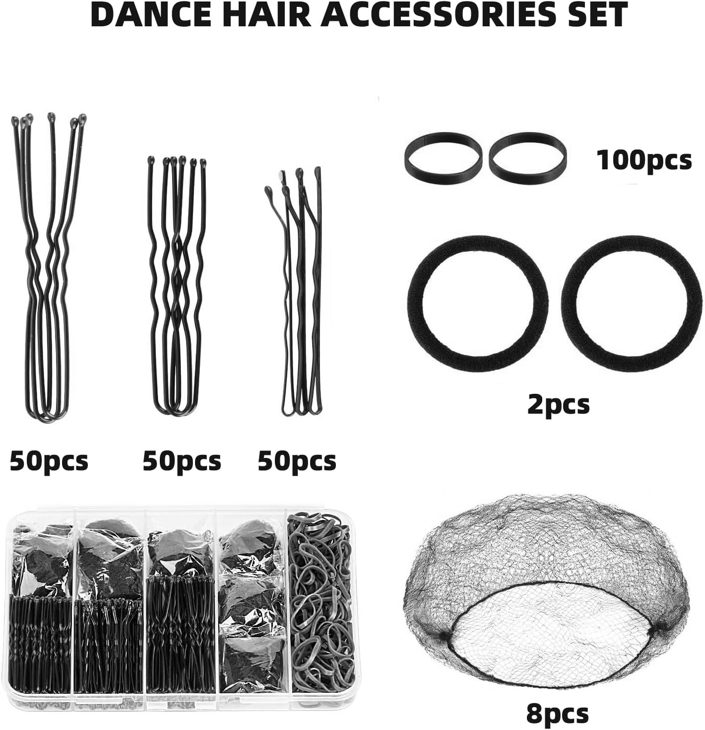 Quttly Professional Dance Hair Kit - 100 U-Pins, 50 Bobby Pins, 100 Elastic Bands, 8 Invisible Hairs Nets, 2 Hair Ties for Secure Ballet Bun | Competition & Performance Essentials(Black) - Black image number 5