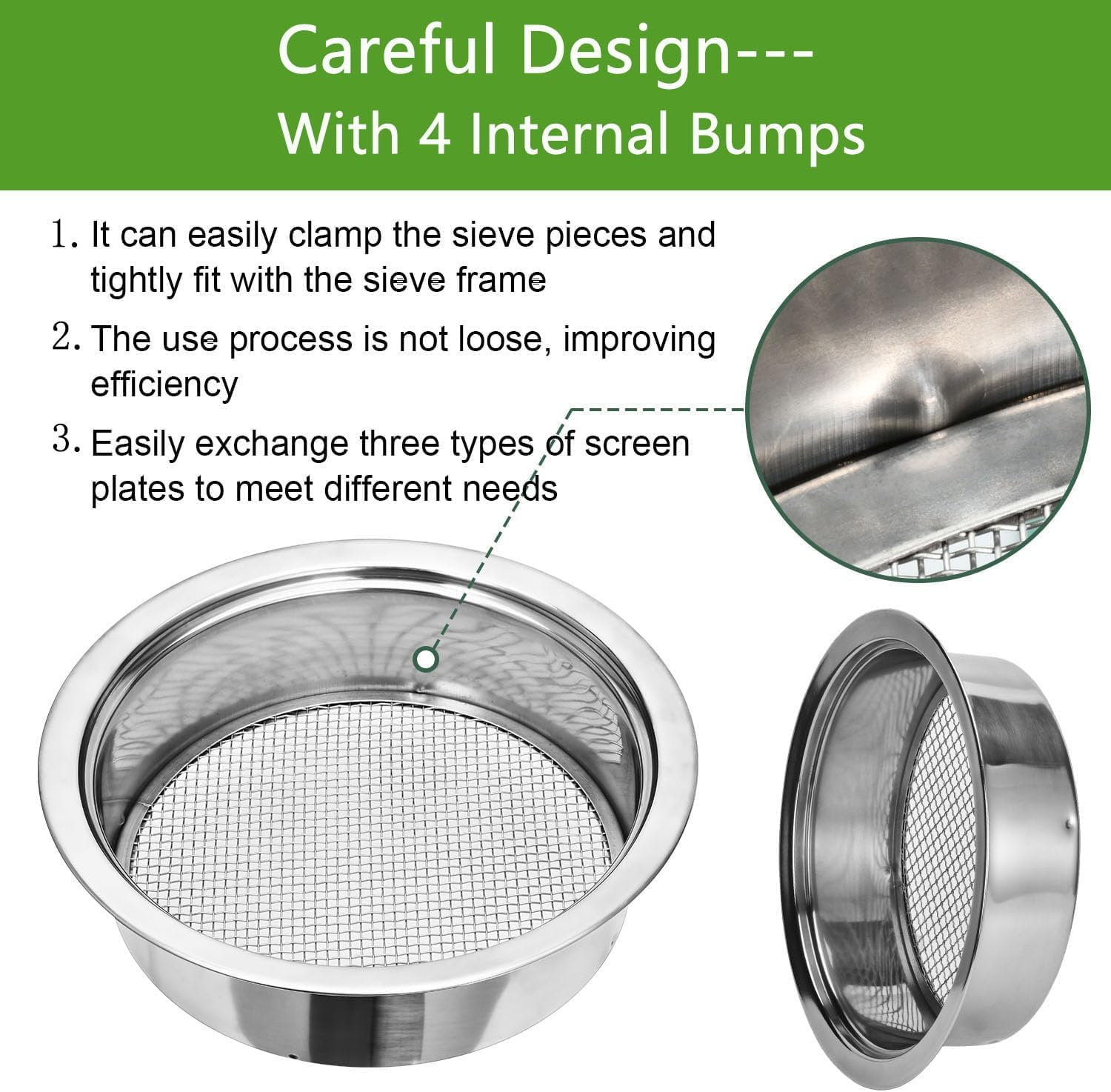 Garden Sieve Soil Sifter Removable Garden Sieve 9.4" Dia Stainless Steel Soil Sieve with 3 Sieve Mesh Filter 0.043"/0.133"/0.204" Sand Sifter for Sifting Soil Stones Compost Soil Sifter image number 6