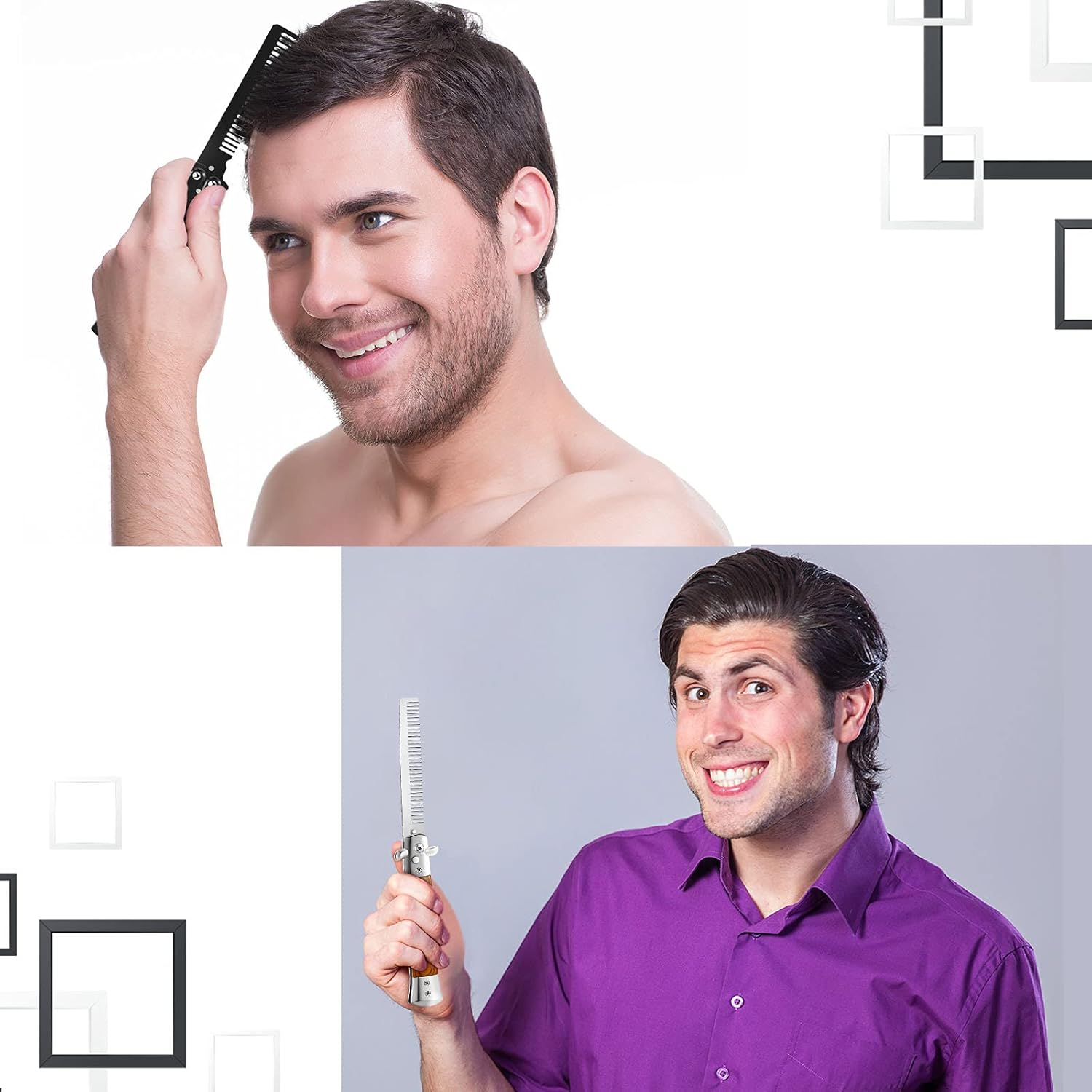 Chengu 2 Pieces Wood Grain Switchblade Blade Pocket Hair Brush Comb Automatic Push Button Brush and Folding Butterfly Stainless Steel Training Practice Comb Outdoor(Black)