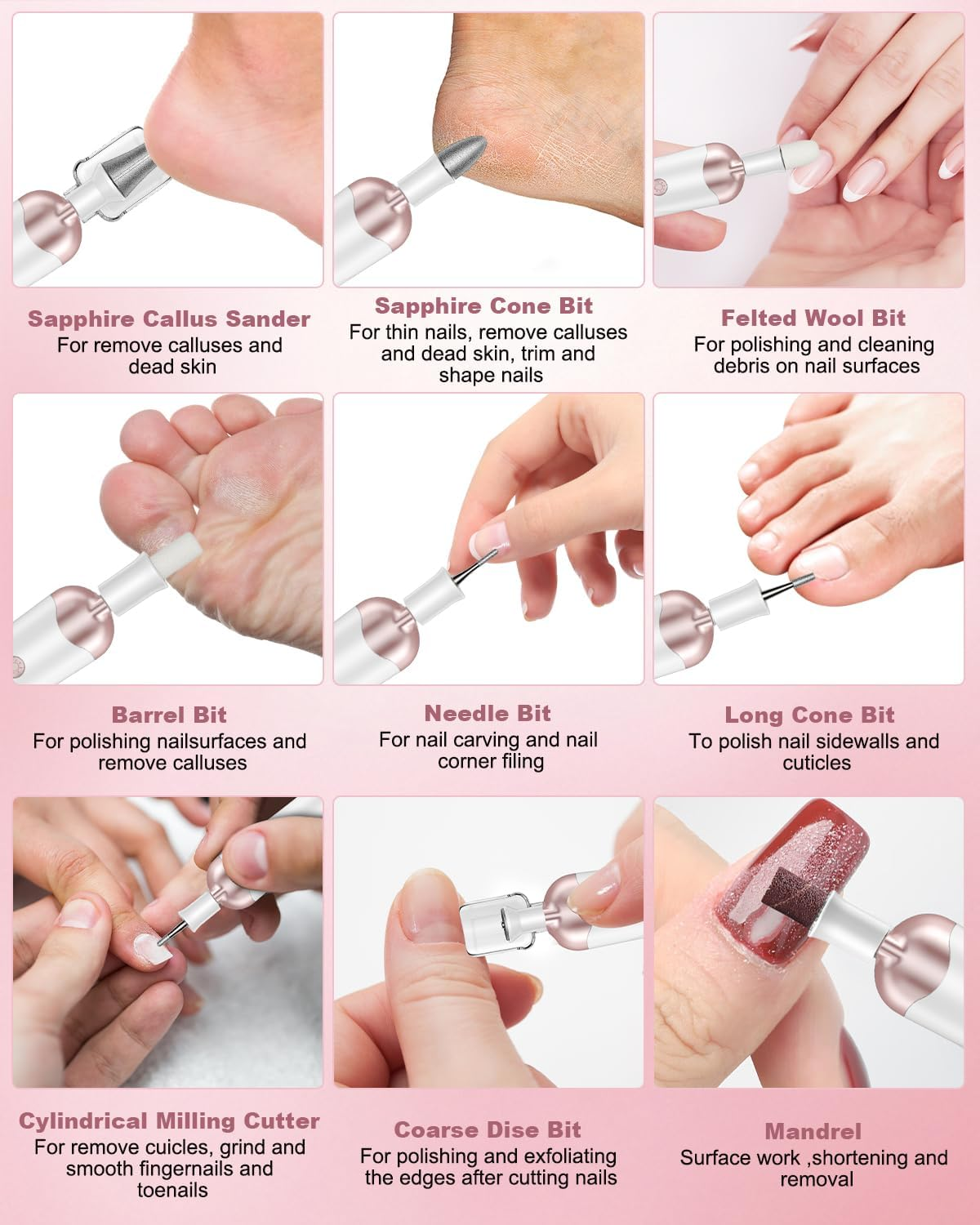 Manicure Pedicure Set - Pedicure Set Foot Care Electric Nail Cutter with 9 Pieces Brush for Gel Nails Electric Nail Drill, for Gel Nails Set, Nail Design Nail Set Nail DIY Nail Art Tool image number 5