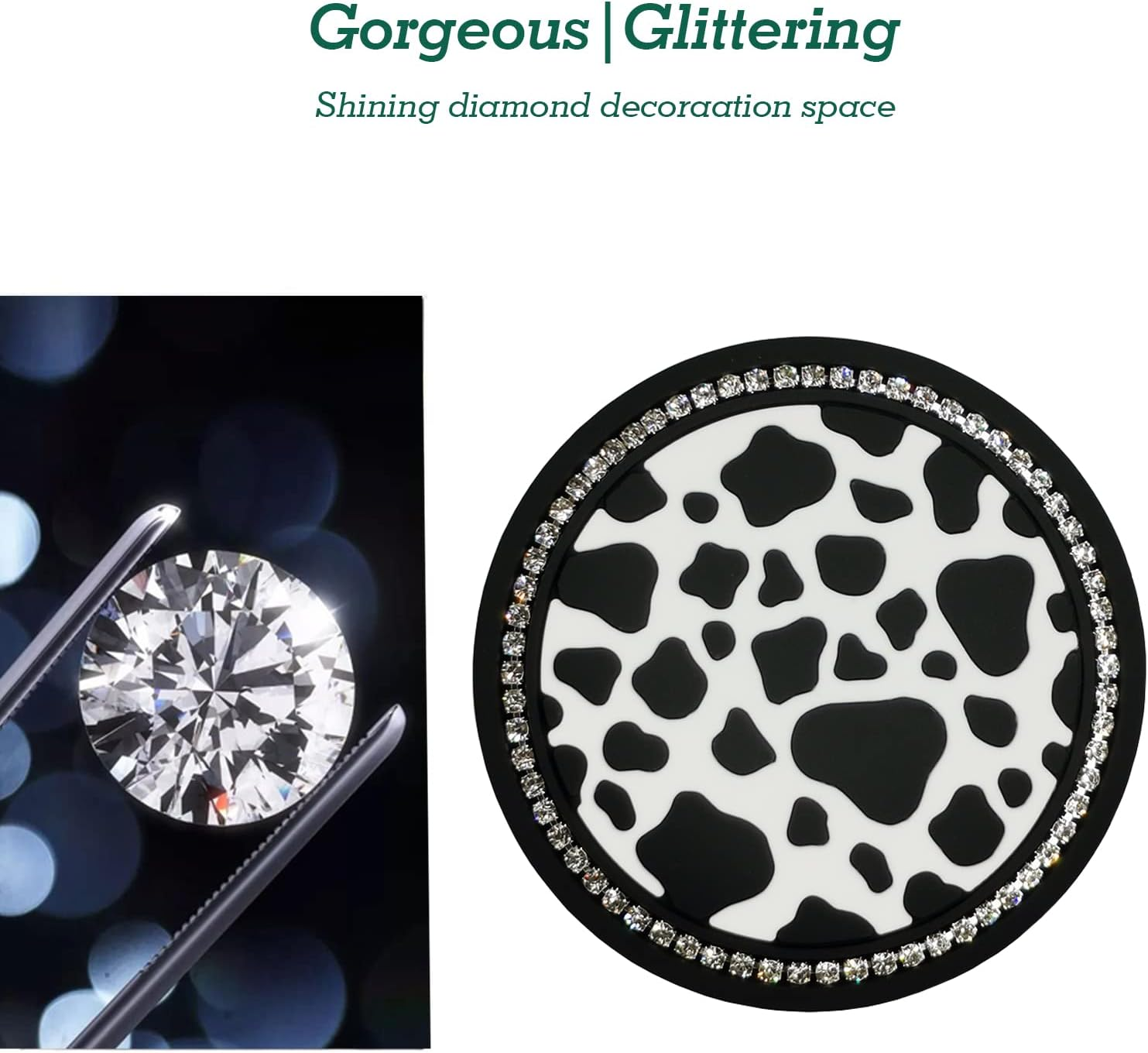2PCS Bling Cow Print Car Accessories for Women, Universal Auto Cute anti Slip Cup Holder Insert Coaster