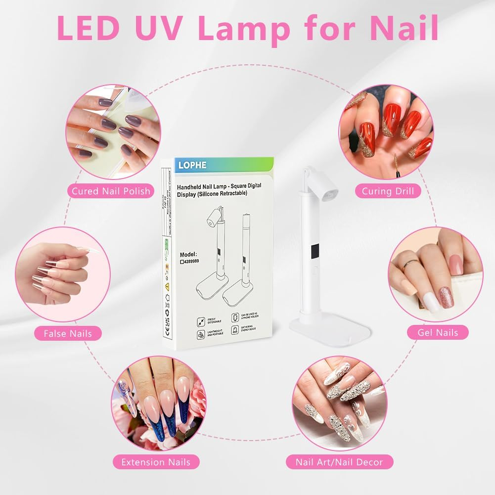 LOPHE UV Nail Lamp for Gel Nails, Handheld Adjustable Nail Gel Lamp with Bracket, USB Nail Dryer Light with LED Screen and 45S 60S Timer, Fast Curing Handheld Nail Lamp for Women Nail Art image number 3