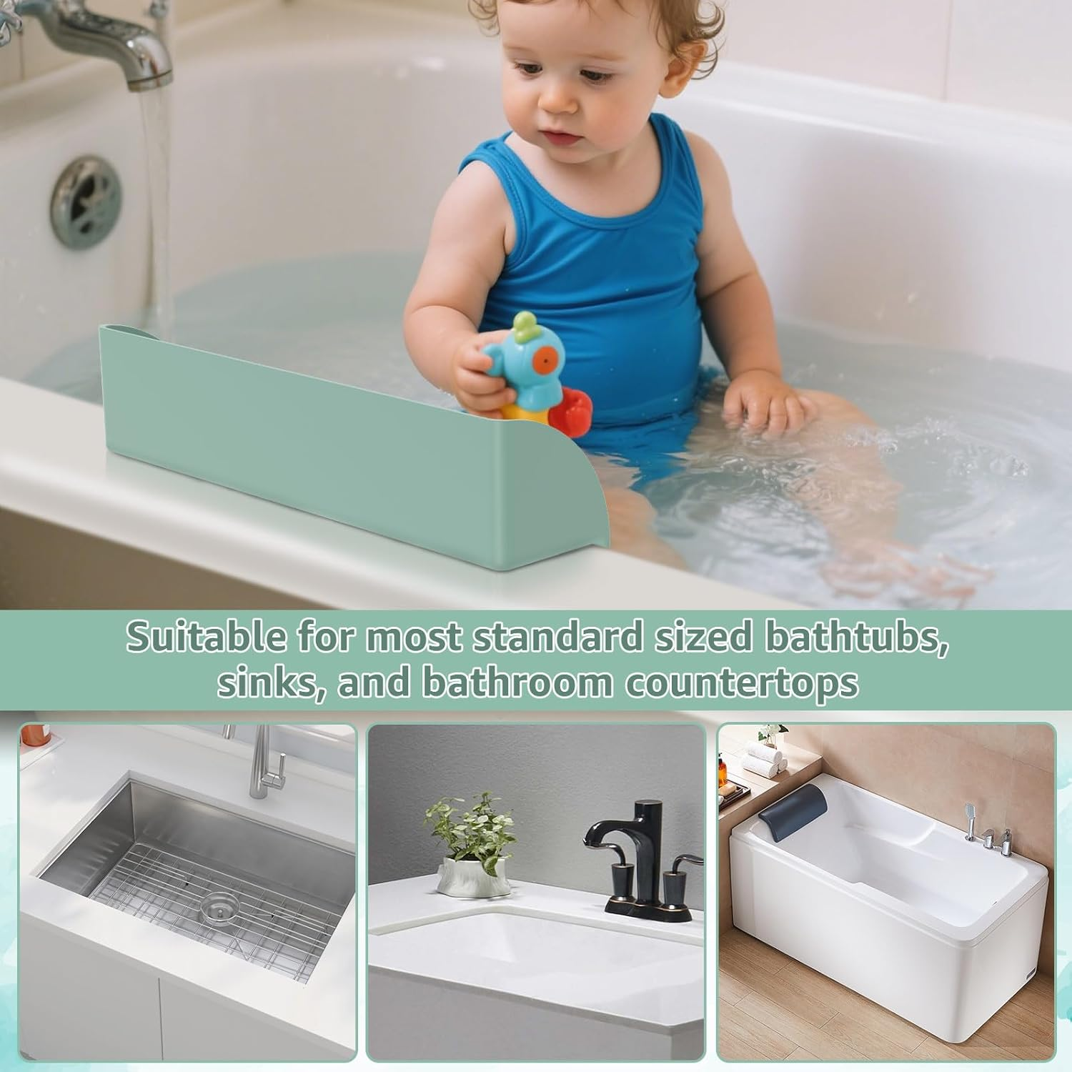 Silicone Sink Water Bathtub Splash Guard with 4 Suction Cups Kids Bath Toys Organizer Bath Storage Tray Raised Edge Design for Kitchen and Bathroom(Green) - Pink image number 6