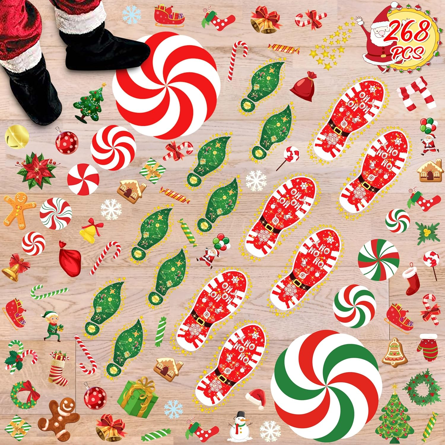 200PCS Christmas Peppermint Floor Clings Footprints Decorations - Santa Claus / Elf / Candy / Snowman Decals Xmas Party Decor Supplies image number 6