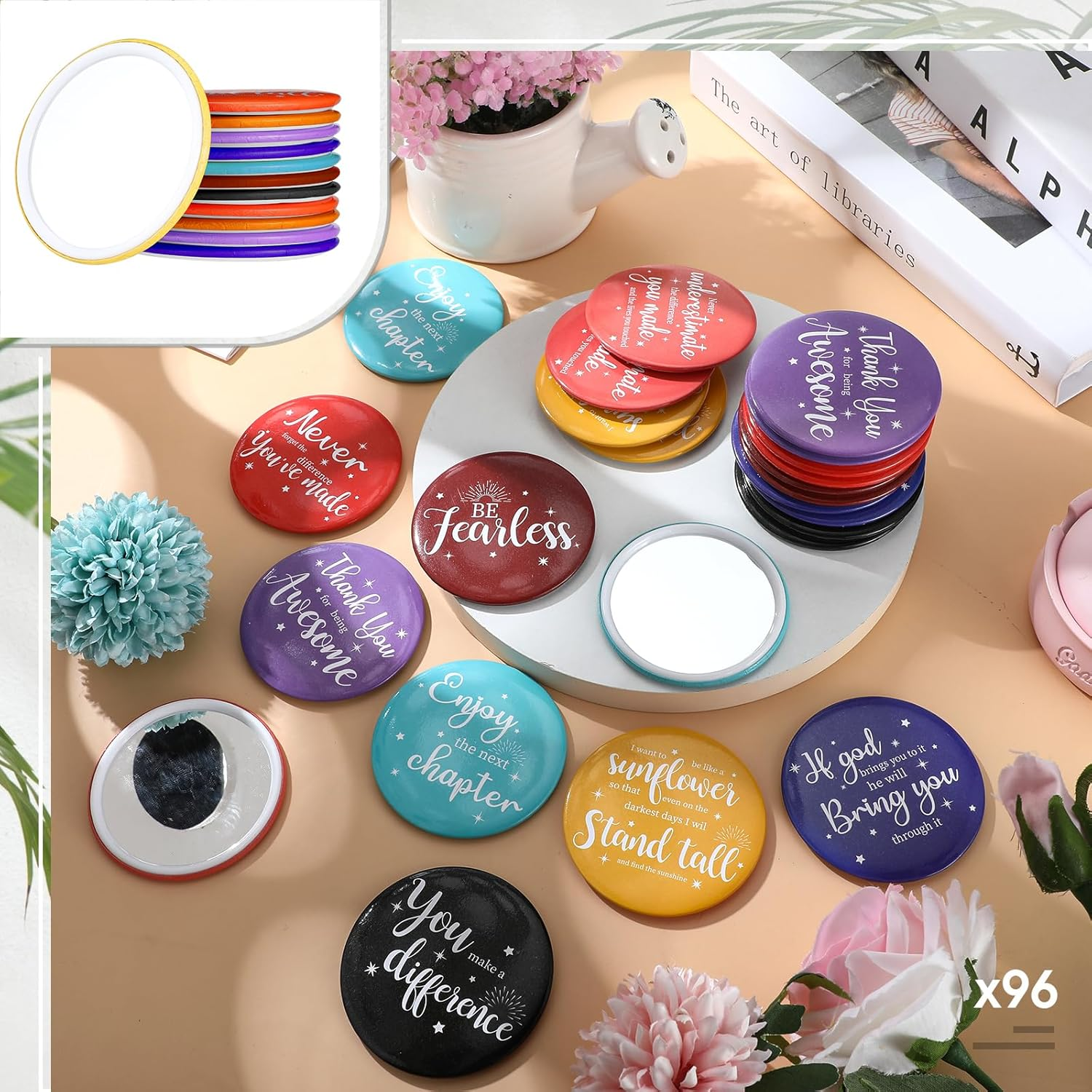 Kigley 96 Pcs Inspirational Compact Mirror for Women Bulk 2.8'' Purse Mirror Nurse Practitioner Week Christmas Party Favor Motivational Positive Office Gift for Coworker Team Teacher (Colorful Base) image number 3