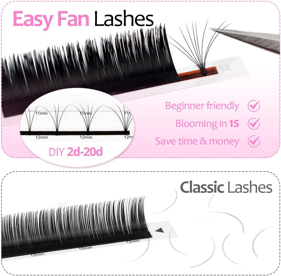 Easy Fan 2D 3D 4D 5D 6D 7D 10D Eyelash Extension Volume Russian Natural Silk Individual False Eyelashes for Professional Salon Lunamoon (1.7-D, 13 Mm) image number 2