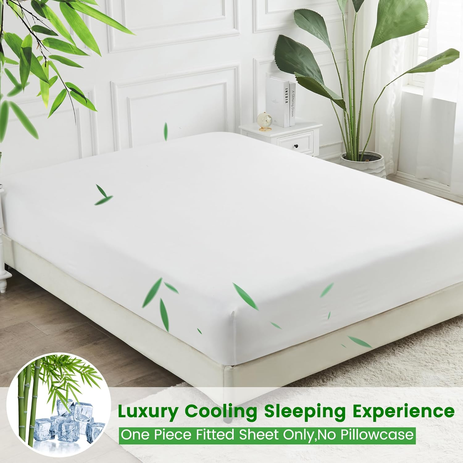 LINENOVA Bamboo Cooling Fitted Sheet Queen (1 Piece)- 2000TC Ultra Soft & Breathable, Ideal for Hot Sleepers, 40Cm Deep Pocket, All-Season Comfort - White image number 2