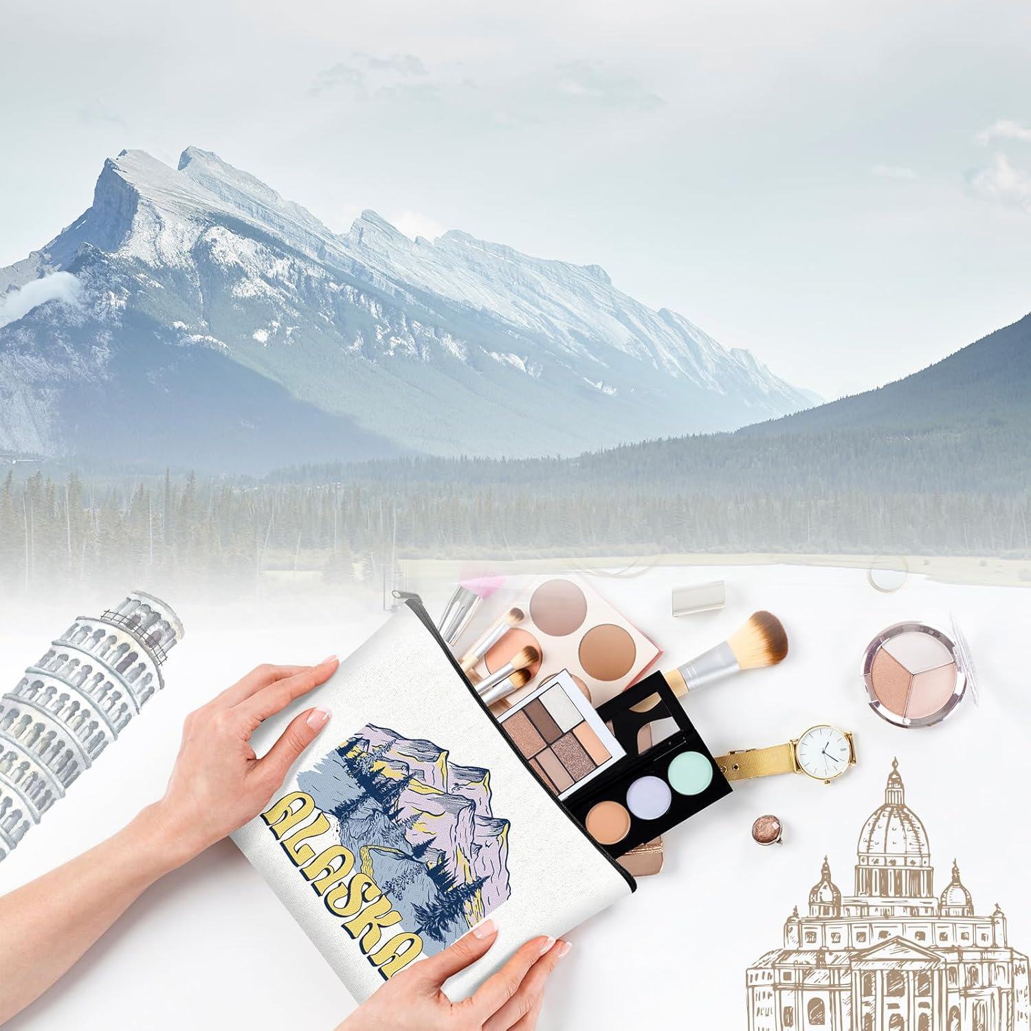 9 Pcs Alaska Cosmetic Bag New York Souvenir Zipper Pouch Los Angeles Souvenir Gifts Italy Paris Broadway Alaska Makeup Purse for Girls Women Traveler Birthday Christmas Party Favors - Camping image number 2
