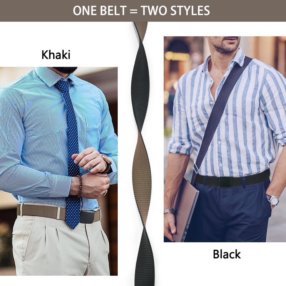 Men'S Elastic Stretch Belts - 2 Colors in 1 Reversible Belt Strap with Plastic Buckle, Adjustable Trim to Fit 27-49" Waist image number 3