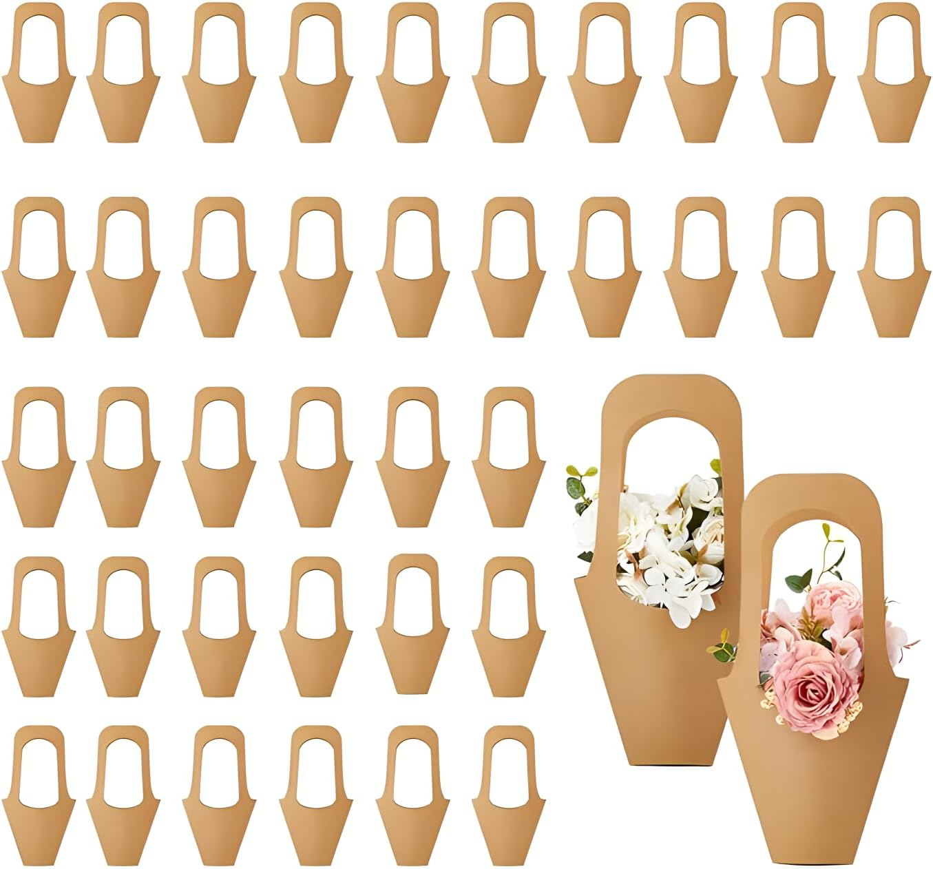 Flower Bouquet Bags with Handle Brown Paper Floral Gift Bags Flower Arrangement Bag Gift Box Convenient Handles Wrap Bags for Birthday Wedding Party Favors 40Pcs. image number 4